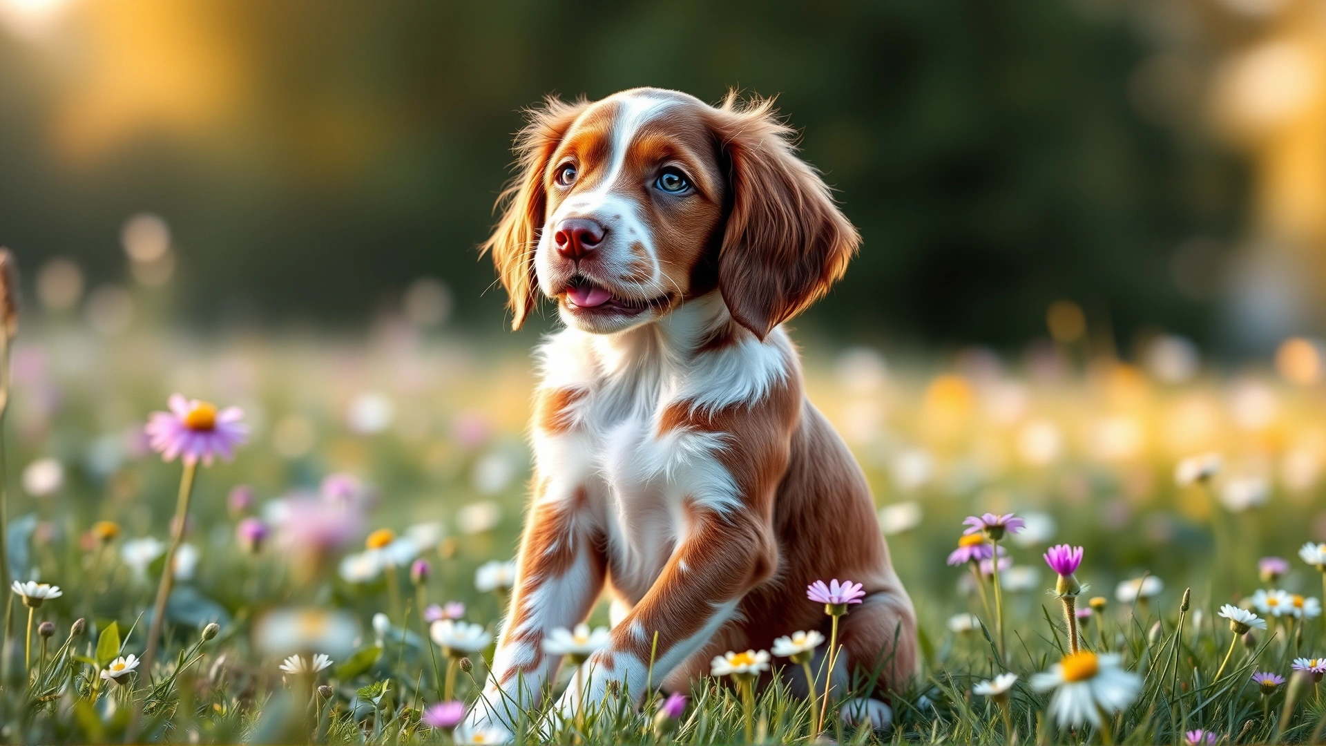 Playful Brittany Spaniel puppy sitting in a flower-filled meadow under soft morning light.