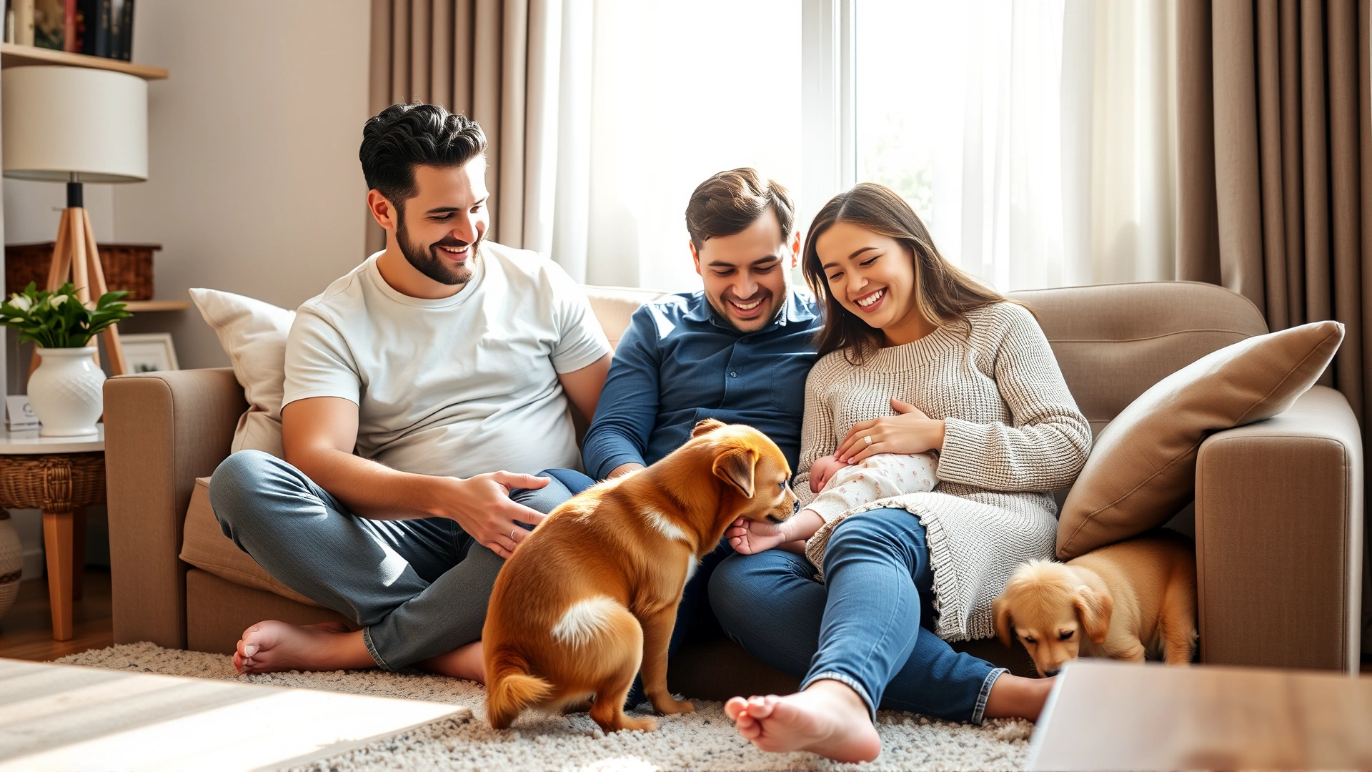 Happy family sitting on living room sofa while their friendly dog gently sniffs the newborn's feet, warm natural lighting