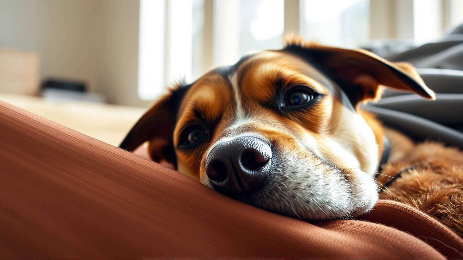 Close-up of a relaxed dog with kind eyes resting its head on the owner’s lap indoors, soft natural light emphasizing the bond.