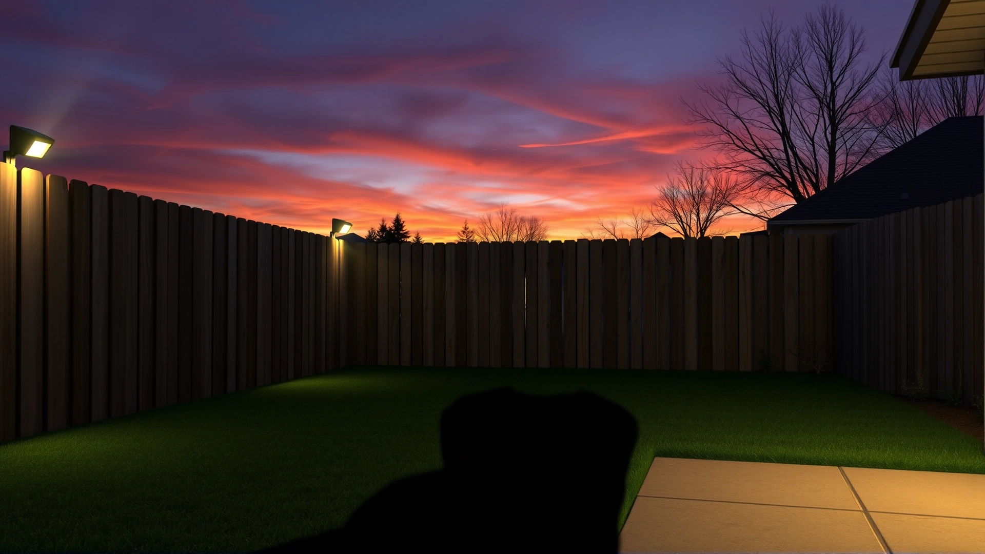 Suburban backyard at sunset with tall secure wooden fence, motion-activated lights illuminating the area, and a silhouette of a dog looking outward—calm yet cautious atmosphere.