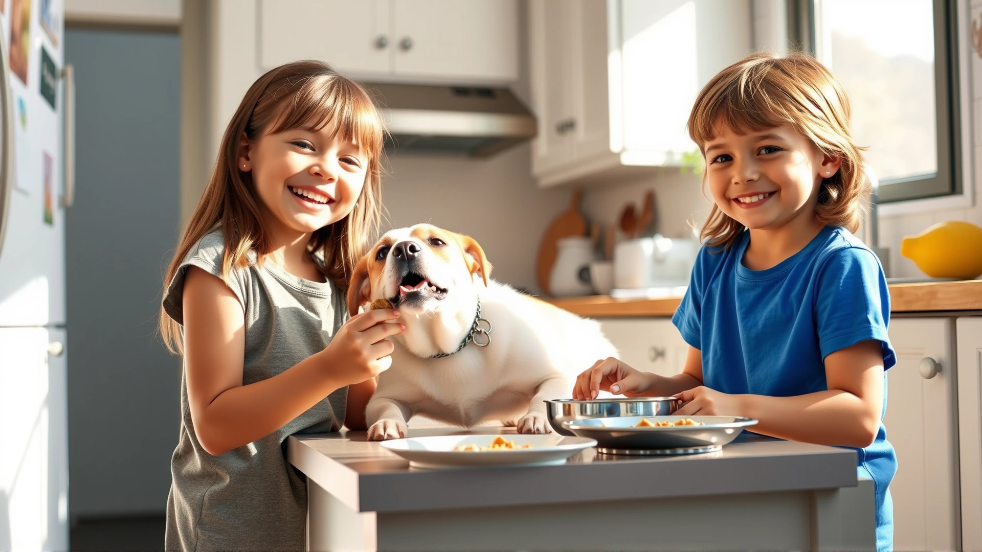 Wide-angle shot of two siblings happily feeding their pet dog in a sunny kitchen, emphasizing family participation in pet care.