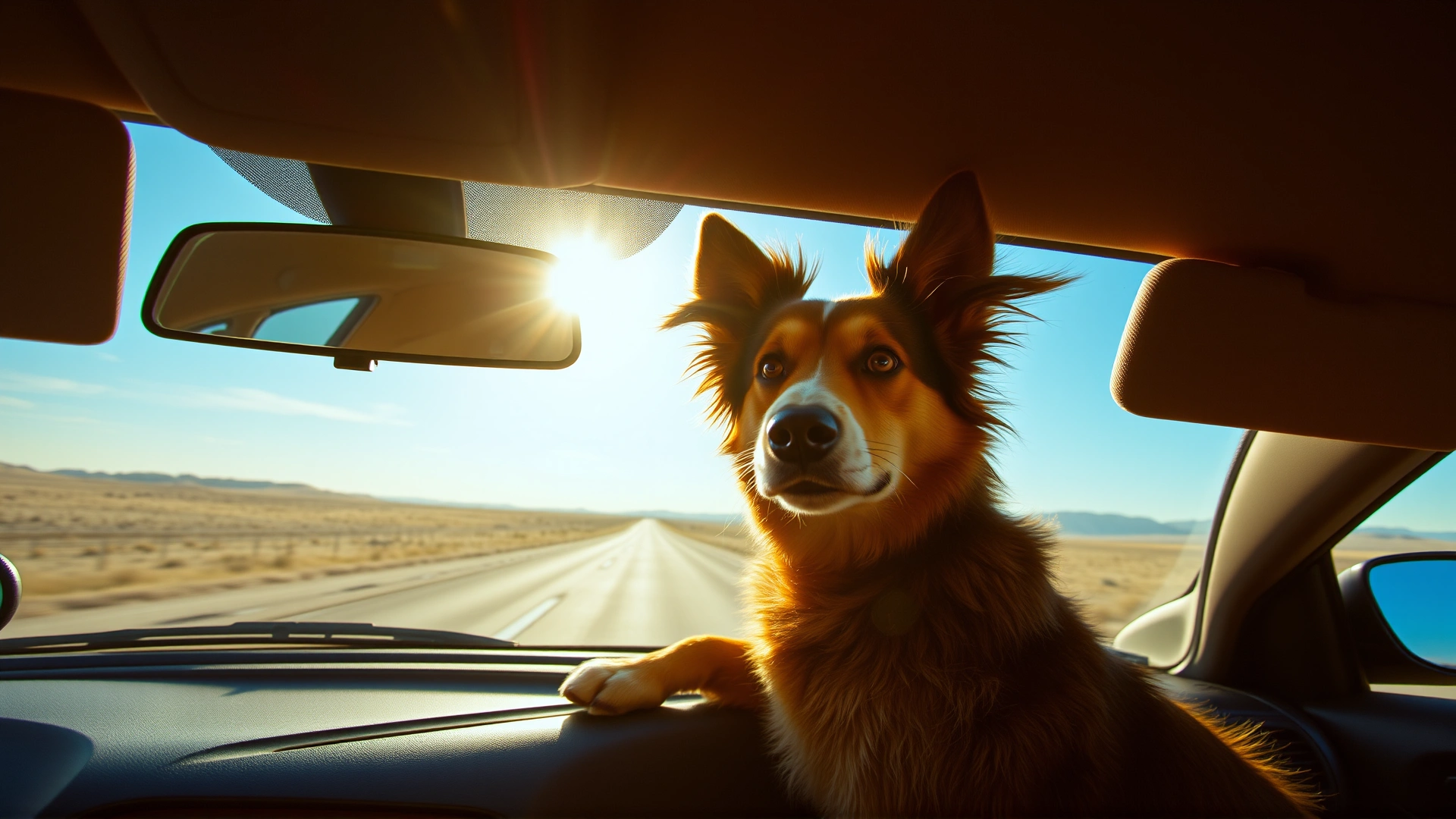 Wide angle shot of a car driving on an open highway during golden hour with a dog sticking its head out of the window, ears flapping in the wind