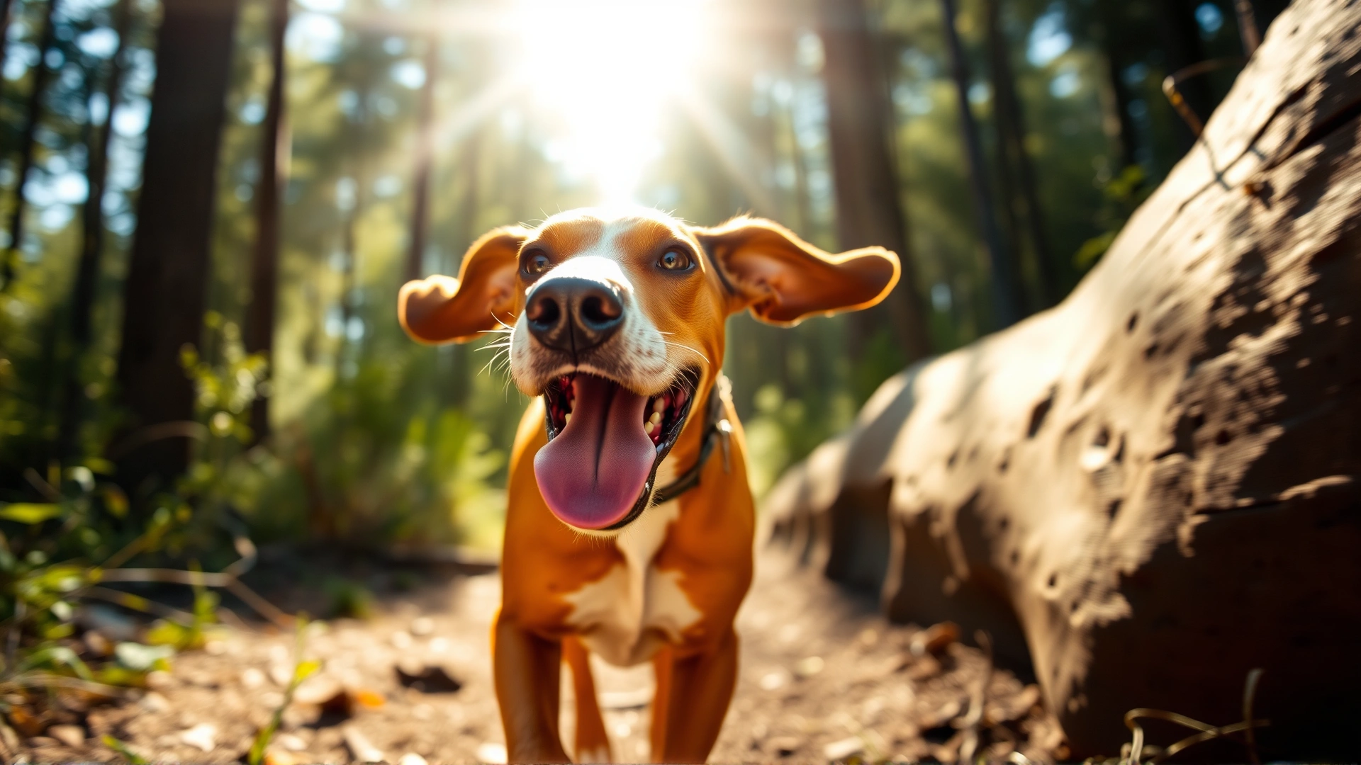 Close-up shot of an energetic American English Coonhound running through a sunlit forest trail, ears flapping and tongue out