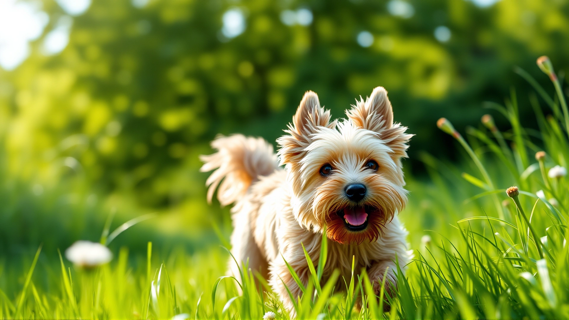 Happy Cairn Terrier running through a lush green meadow looking at the camera, motion blur, bright daylight