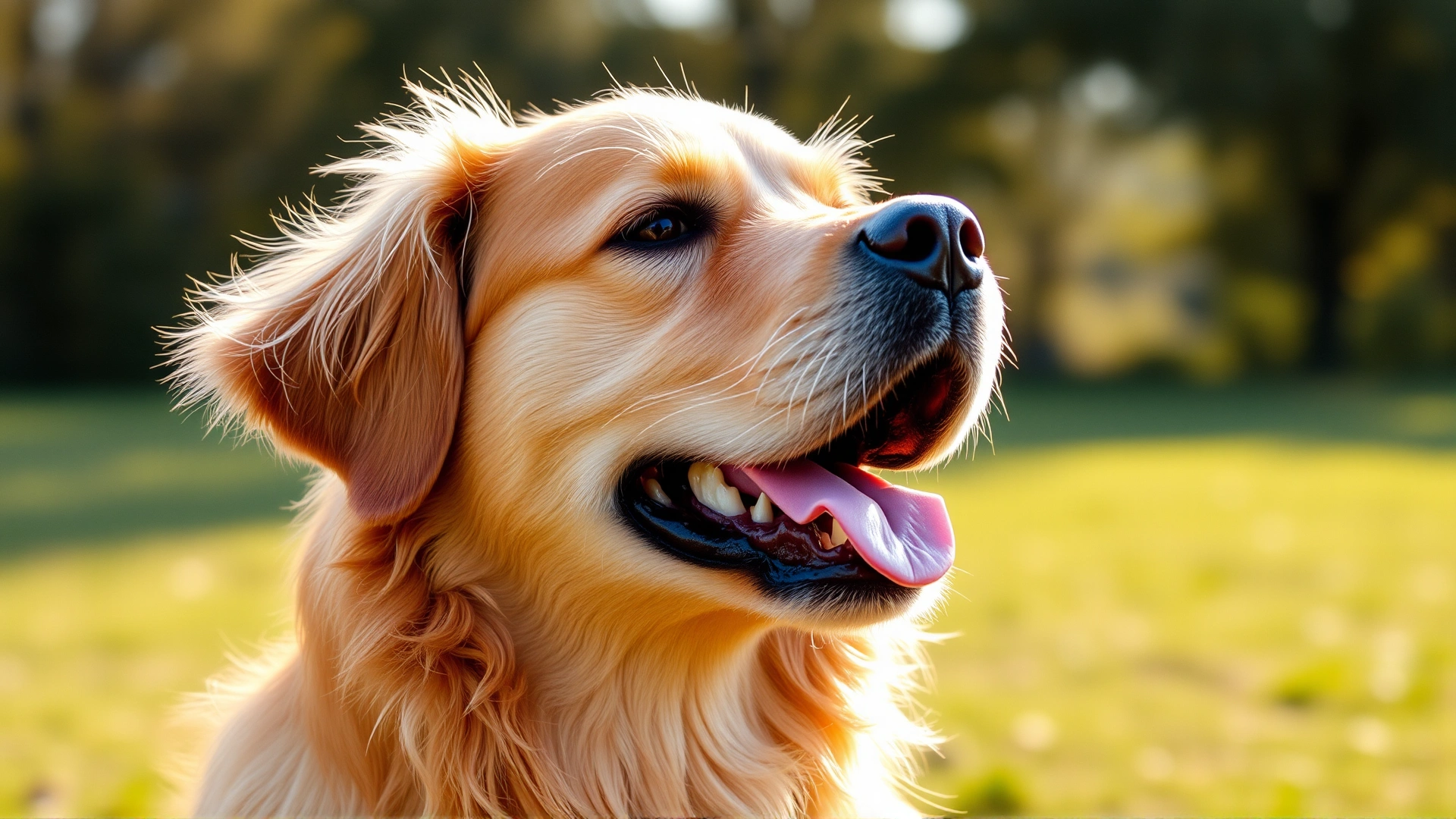 Wide horizontal shot of a happy golden retriever outdoors with soft sunlight, illustrating healthy breathing and wellbeing