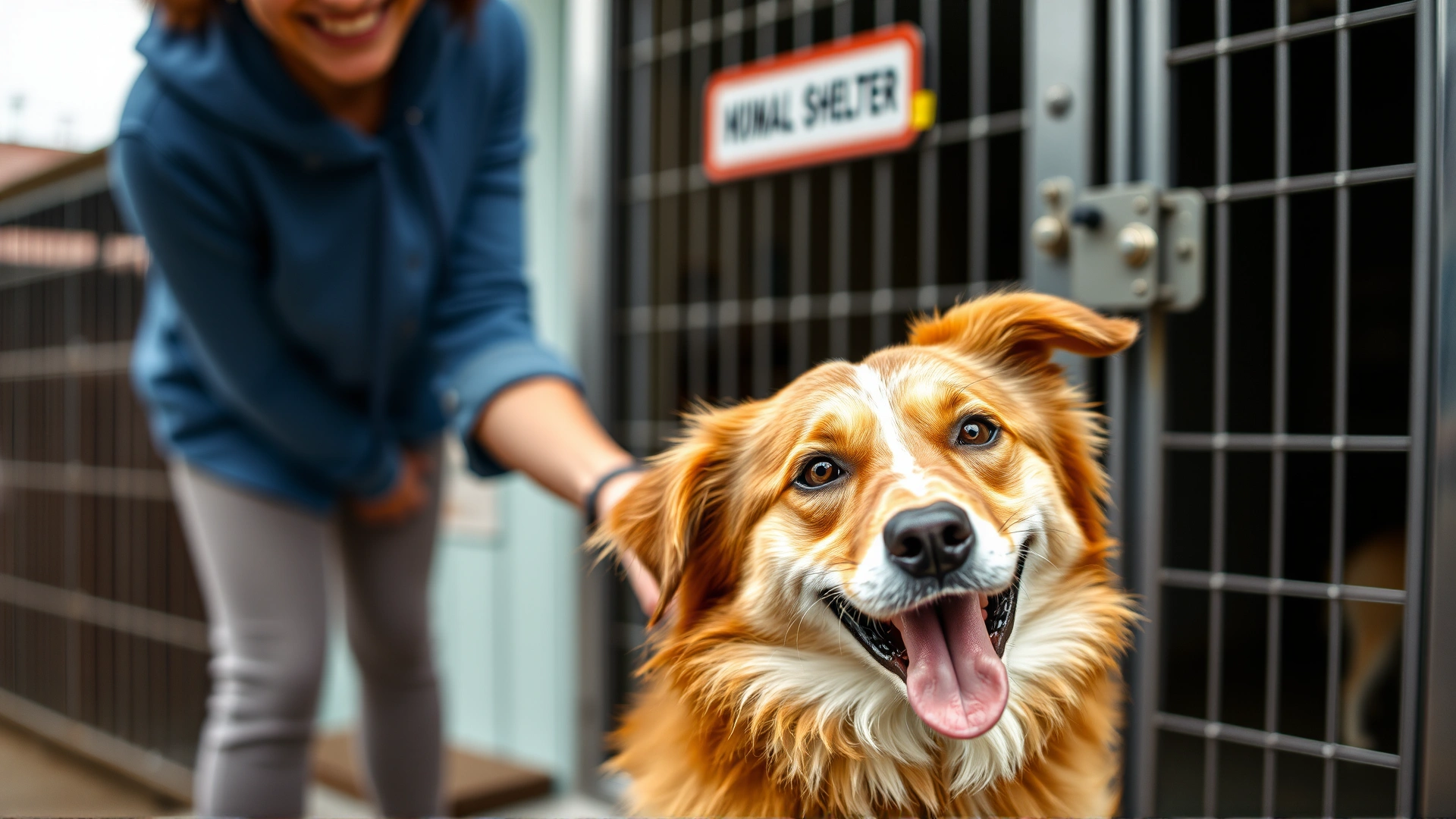 Close-up of a smiling adopter gently patting a mixed-breed dog at an animal shelter entrance, upbeat atmosphere, shallow depth of field, horizontal orientation suitable for header