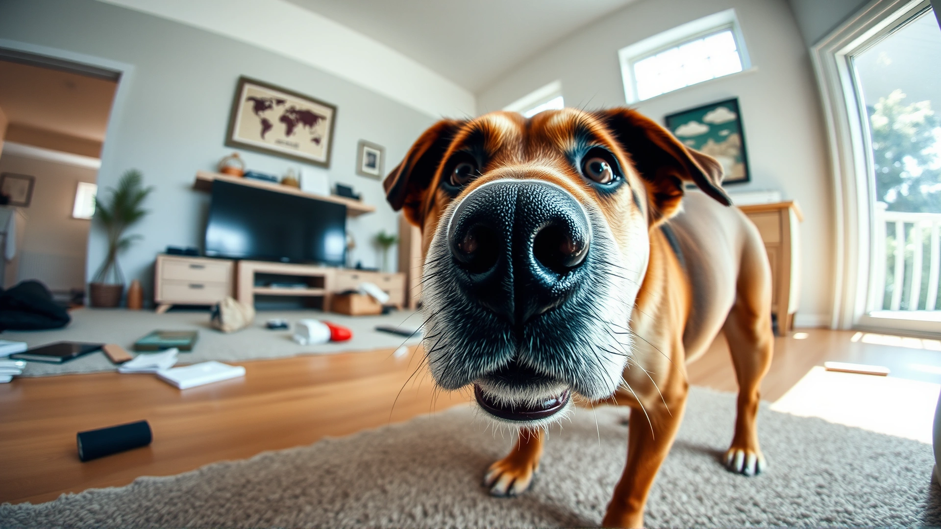 Wide-angle photo of a curious dog inspecting a living room with scattered objects on the floor, bright natural light, neutral color palette.