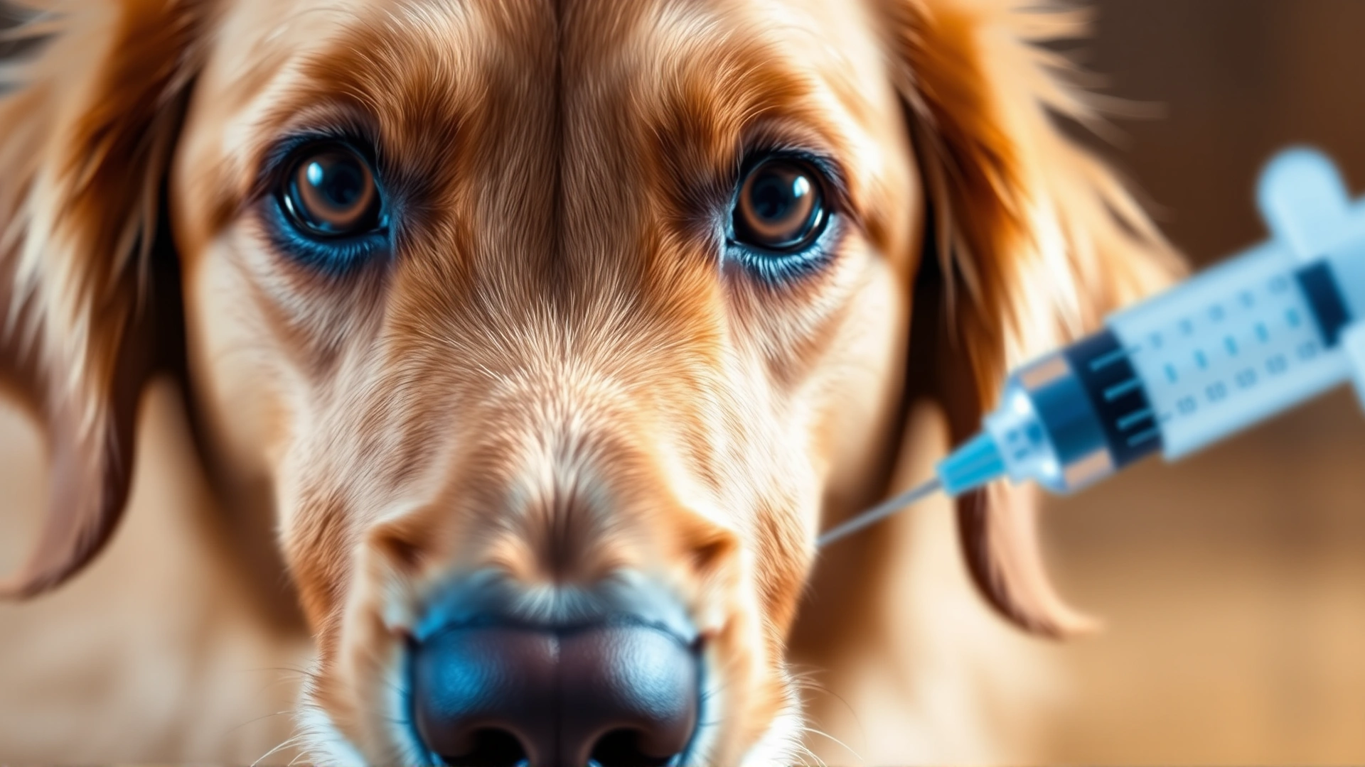 Close-up of a golden retriever with bright eyes and a subtle insulin syringe out of focus in the background, symbolizing diabetes management in dogs.