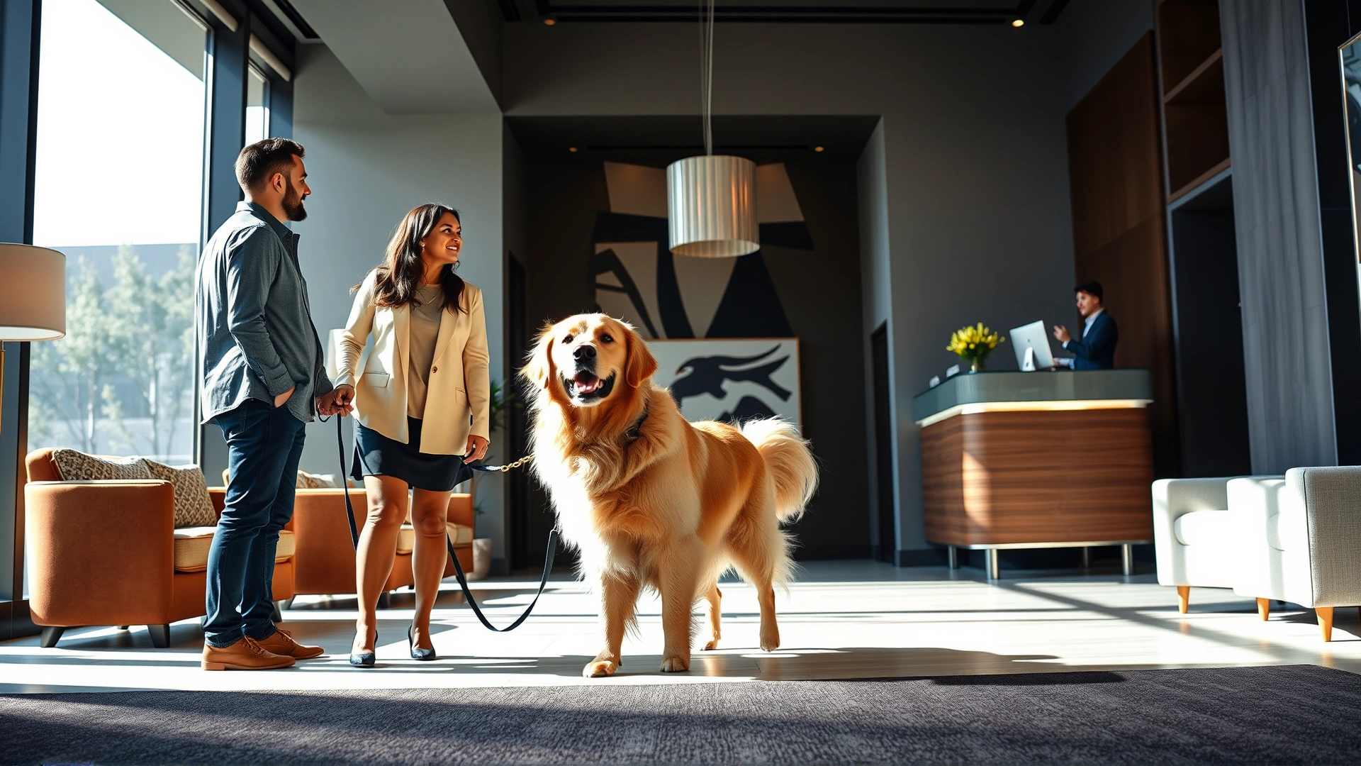 Happy couple checking into a stylish hotel lobby with their golden retriever on leash, friendly receptionist, bright natural lighting, no visible text.