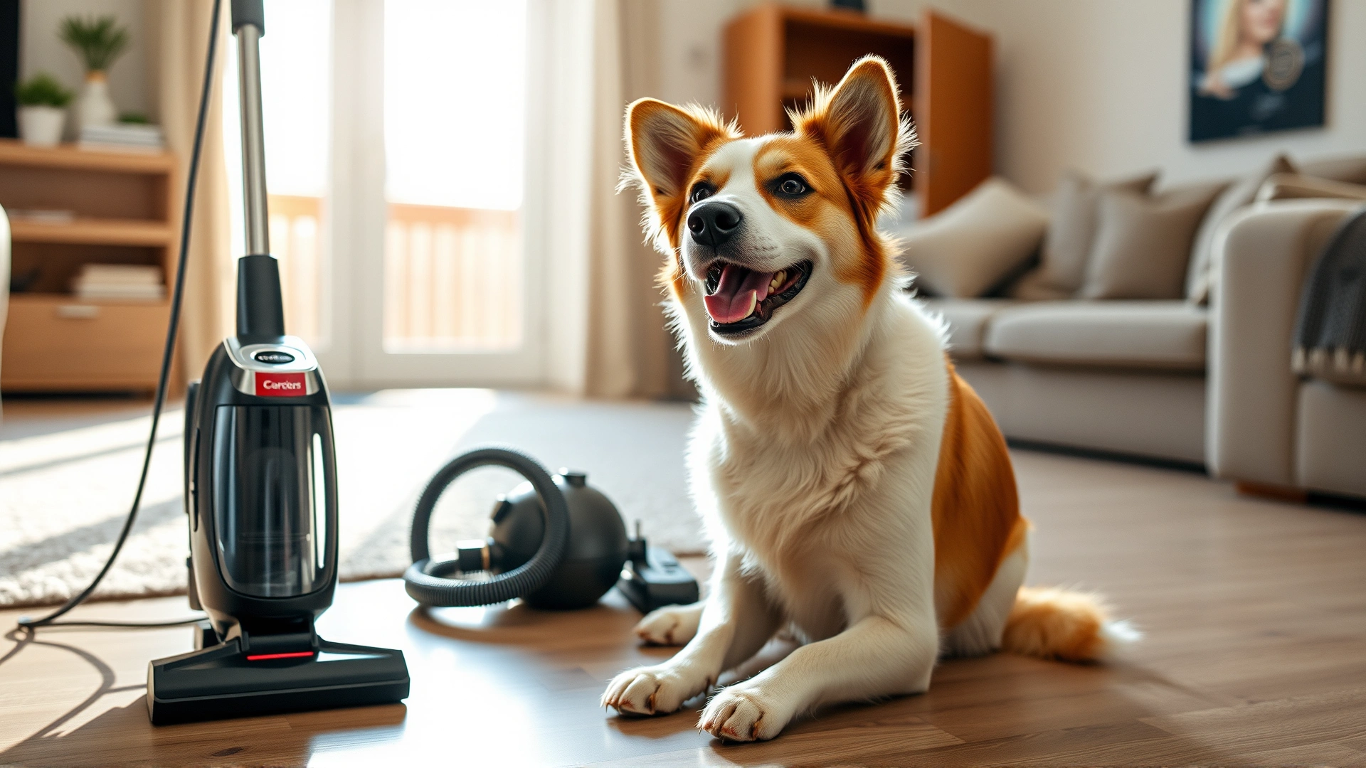 Happy dog sitting next to a cordless vacuum cleaner in a tidy, sun-lit living room.