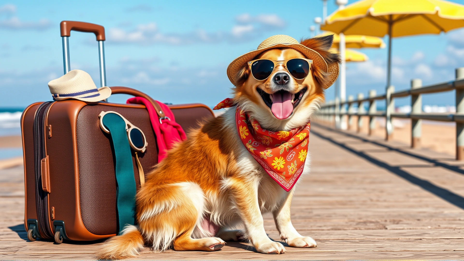 A cheerful dog wearing a colorful bandana sitting next to a suitcase and beach accessories on a sunny seaside boardwalk, symbolizing travel with pets.