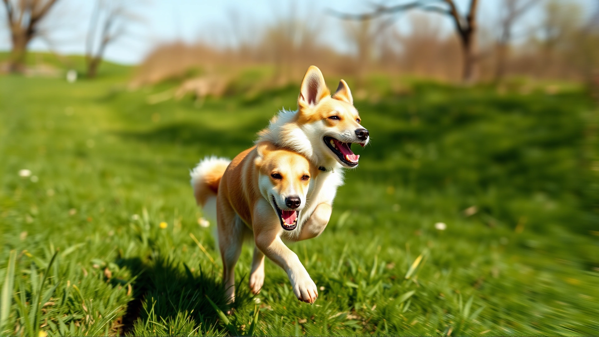 Playful Canaan Dog running across a green meadow on a sunny spring day, motion blur, high-resolution