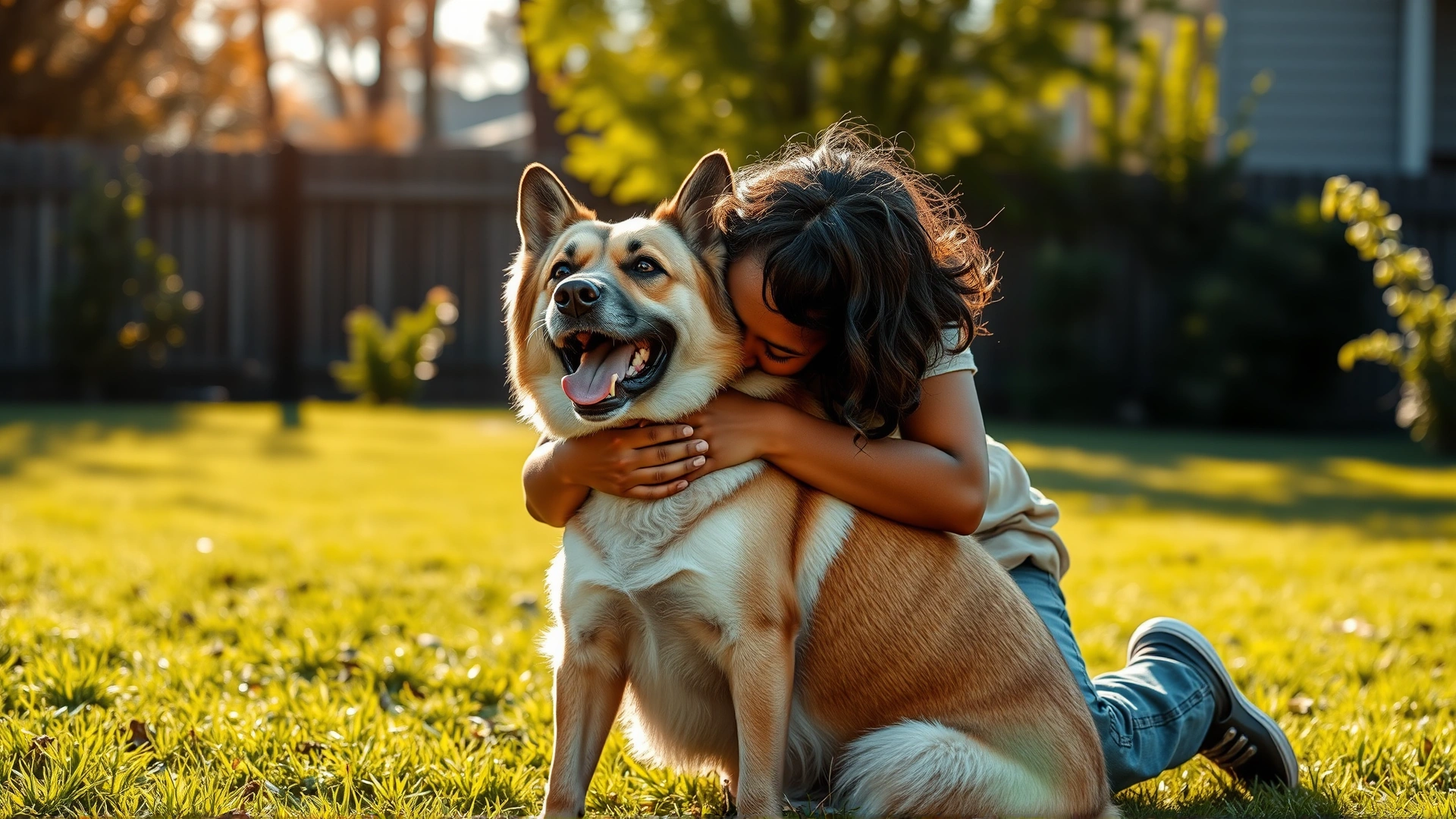 A person kneeling to hug a blind dog in a sunlit backyard, both appearing happy and relaxed