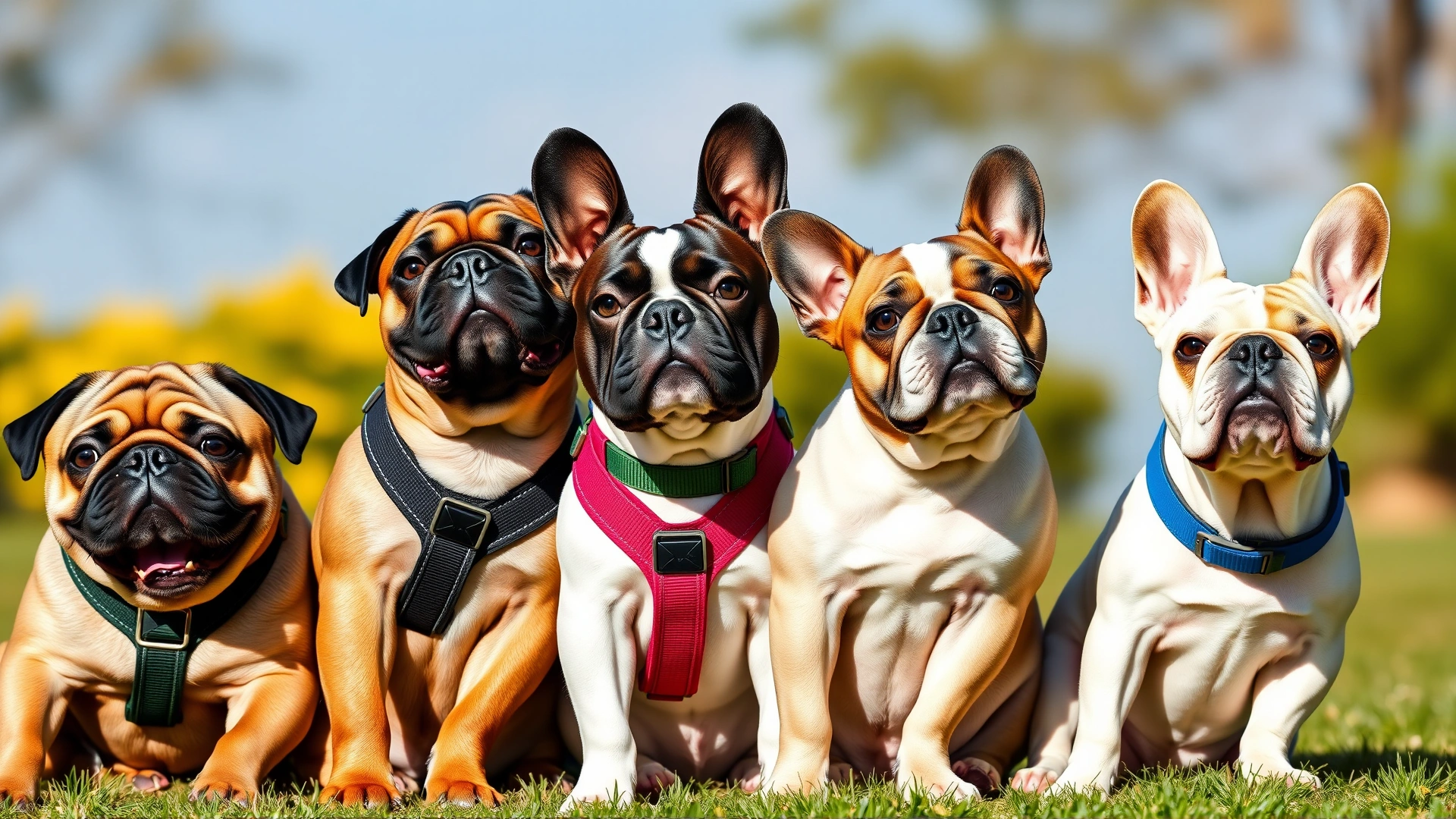 Group of various flat-faced dog breeds (Pug, French Bulldog, Boston Terrier) sitting together, each wearing colorful harnesses, bright outdoor setting, wide banner format.