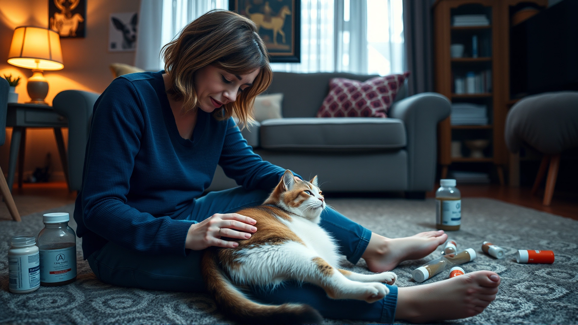 Wide-angle cozy living room scene where a woman sits on the floor next to her ailing cat, surrounded by pet medications and soft lighting, capturing the theme of caregiving.