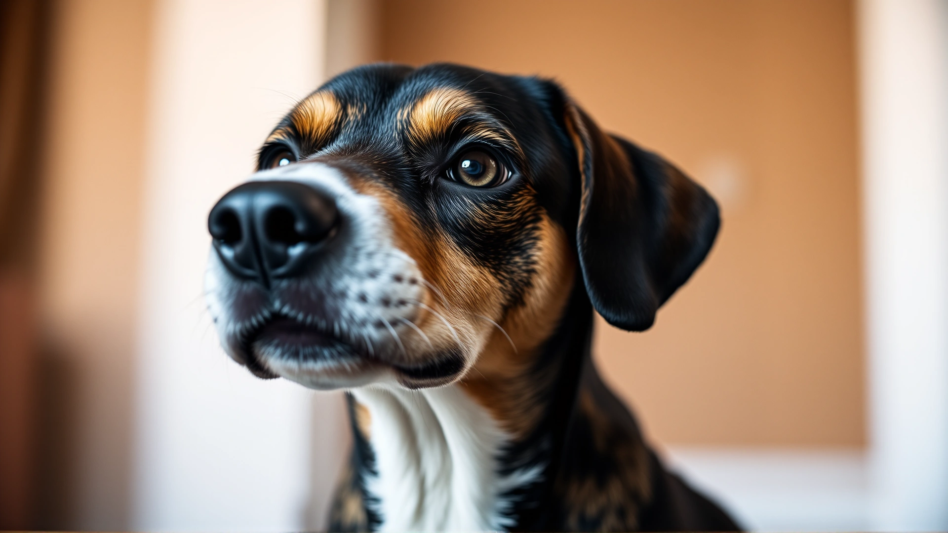 Close-up portrait of an anxious dog with slightly lowered ears and wide eyes, sitting indoors with soft diffused lighting, shallow depth of field creating an emotional hero banner.