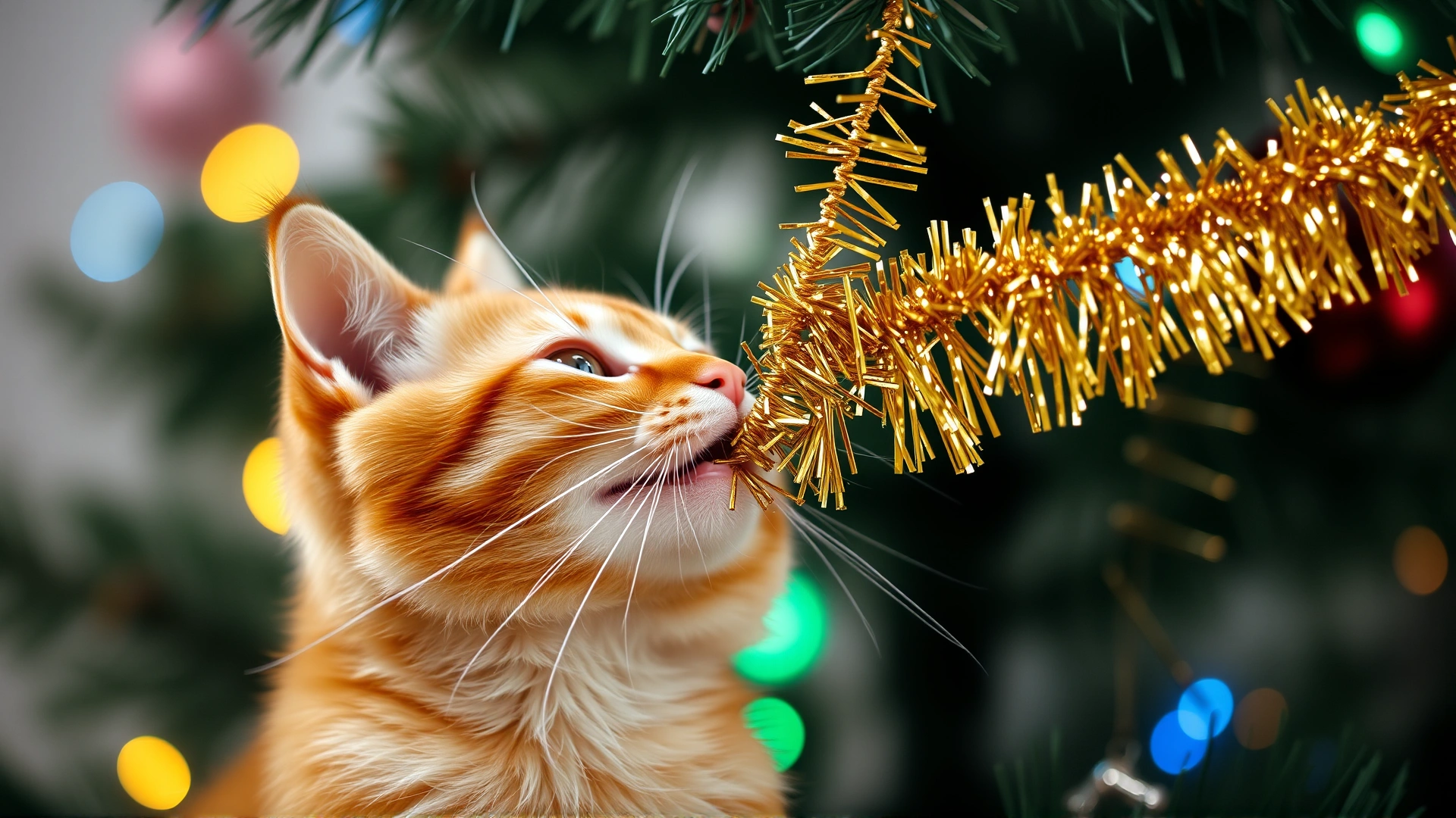 Close-up shot of an orange tabby cat playfully batting at a strand of gold tinsel hanging from a Christmas tree branch; shallow depth of field with colorful holiday lights bokeh in the background, no text