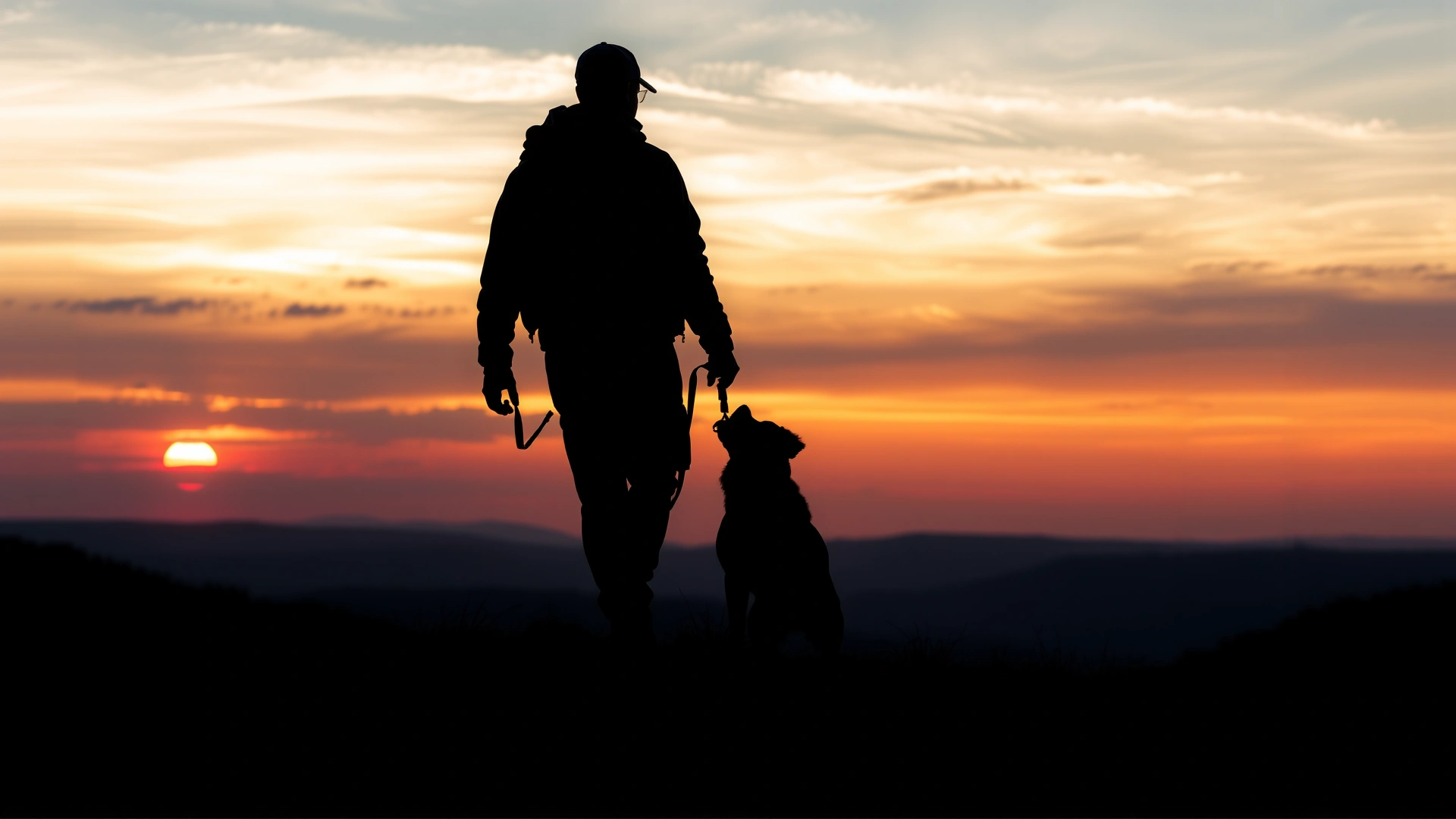 Wide-angle shot of a dog owner and their dog silhouetted against a sunrise sky on a hilltop, conveying adventure and energy
