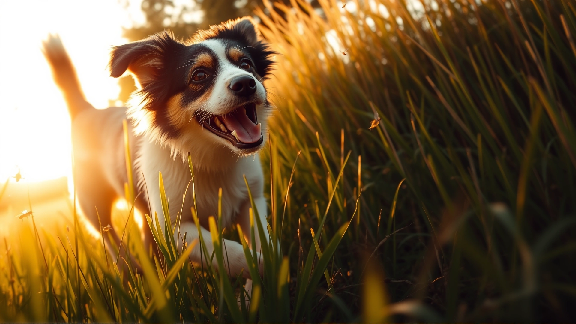Wide shot of a happy dog running through tall grass at sunset with small flying insects visible in the warm sunlight, cinematic feel