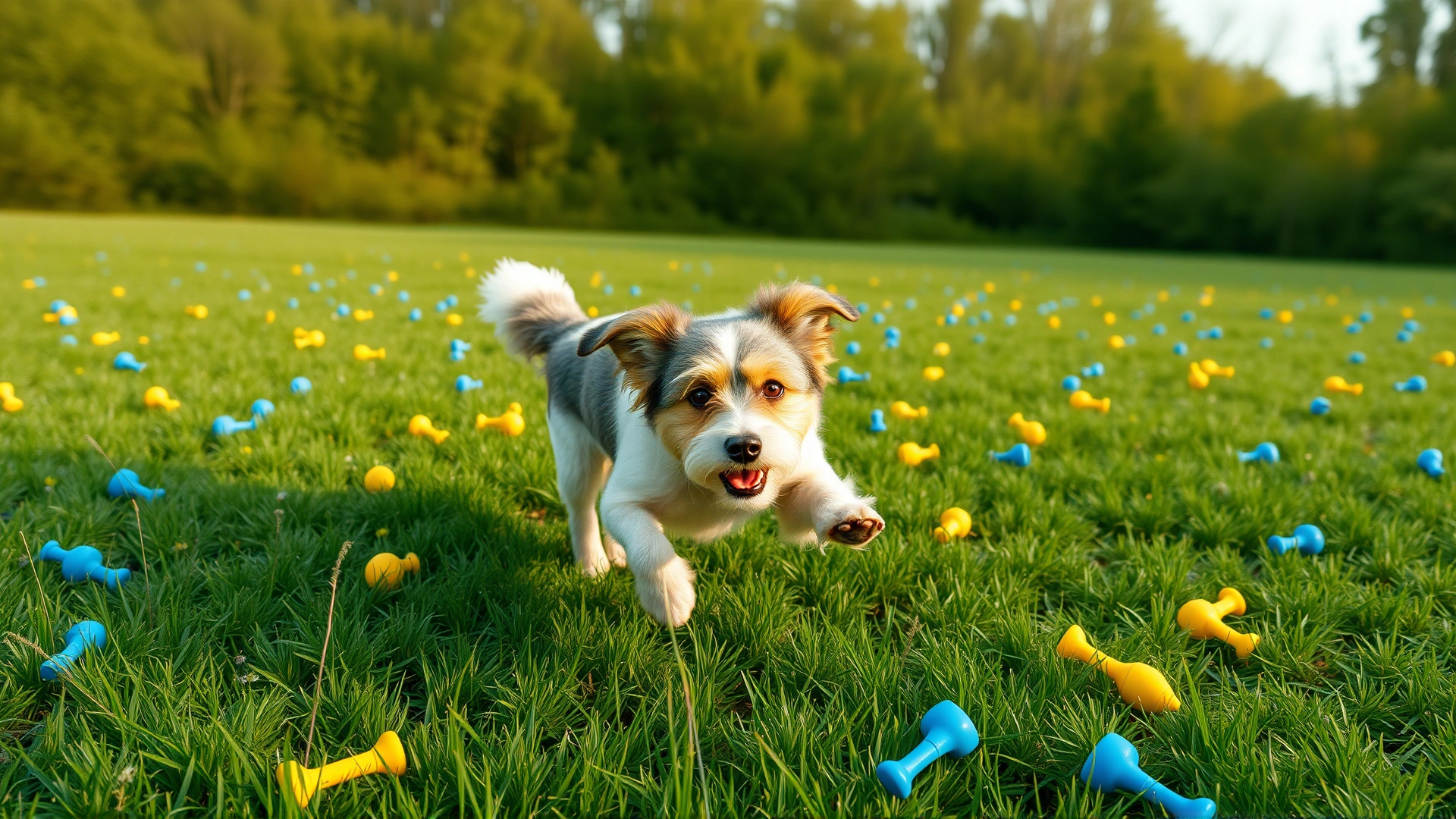 Wide-angle shot of a dog running across a meadow with blue and yellow toys scattered around, vibrant midday light