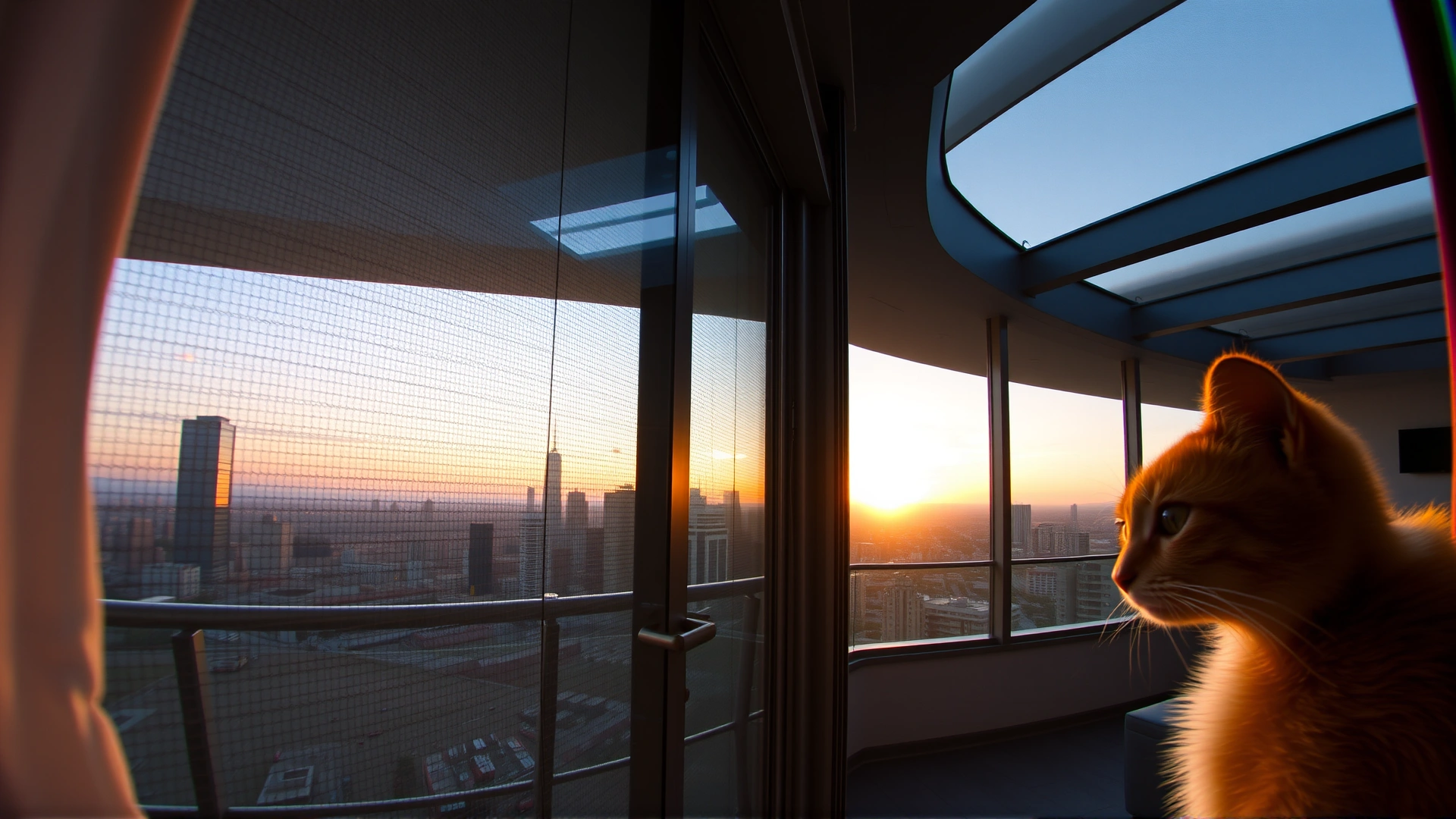 Wide-angle shot from inside a modern apartment looking toward a balcony where a cat peers through safety netting with a sunrise city skyline in the background.