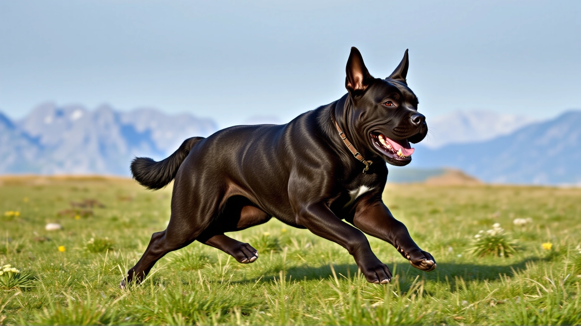 A majestic Cane Corso running across a grassy meadow with mountains in the background, captured in mid-stride, no text.