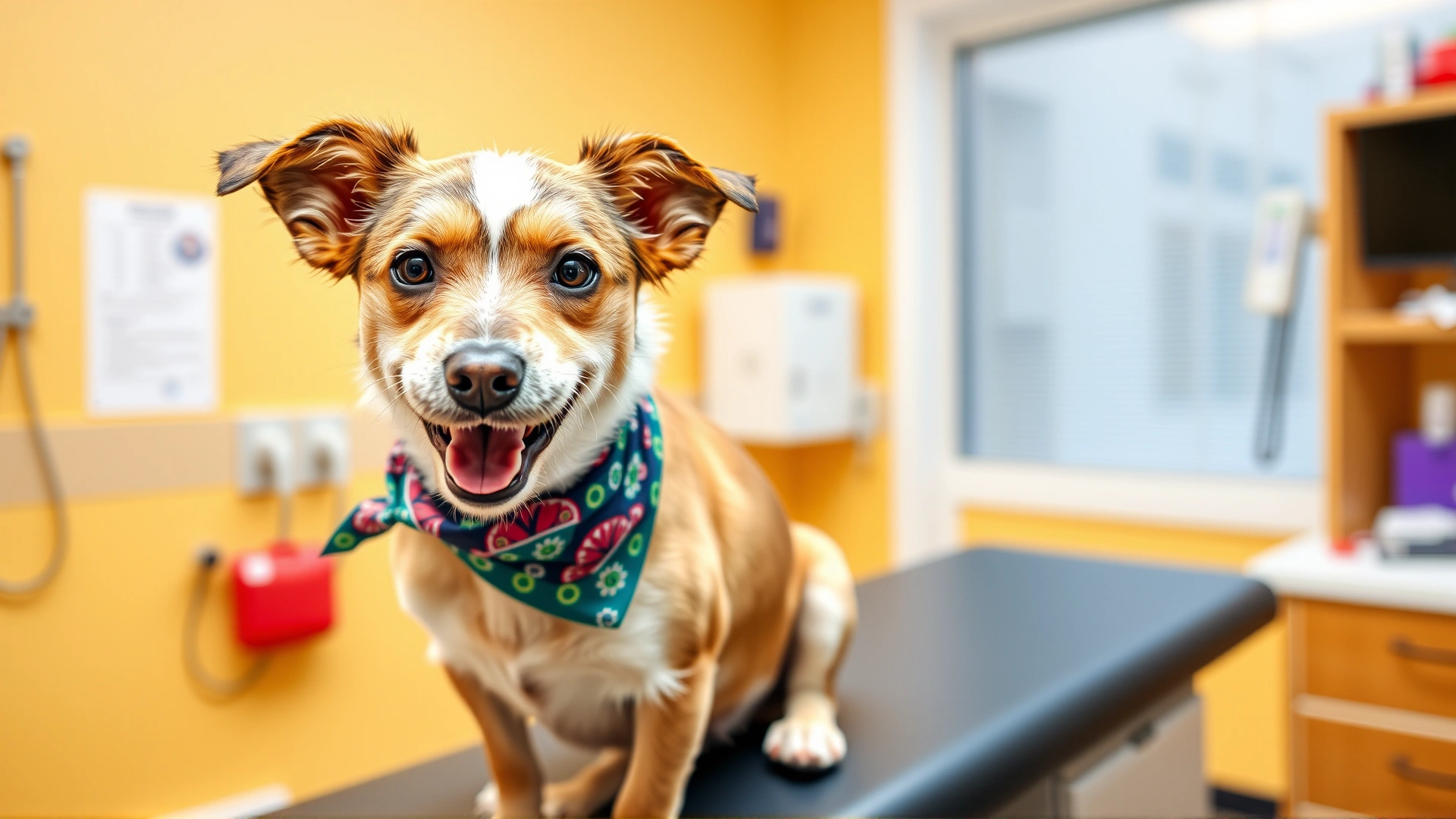 Happy mixed-breed dog wearing a colorful bandana sitting on a veterinary examination table, looking directly at the camera, bright and inviting clinic background.