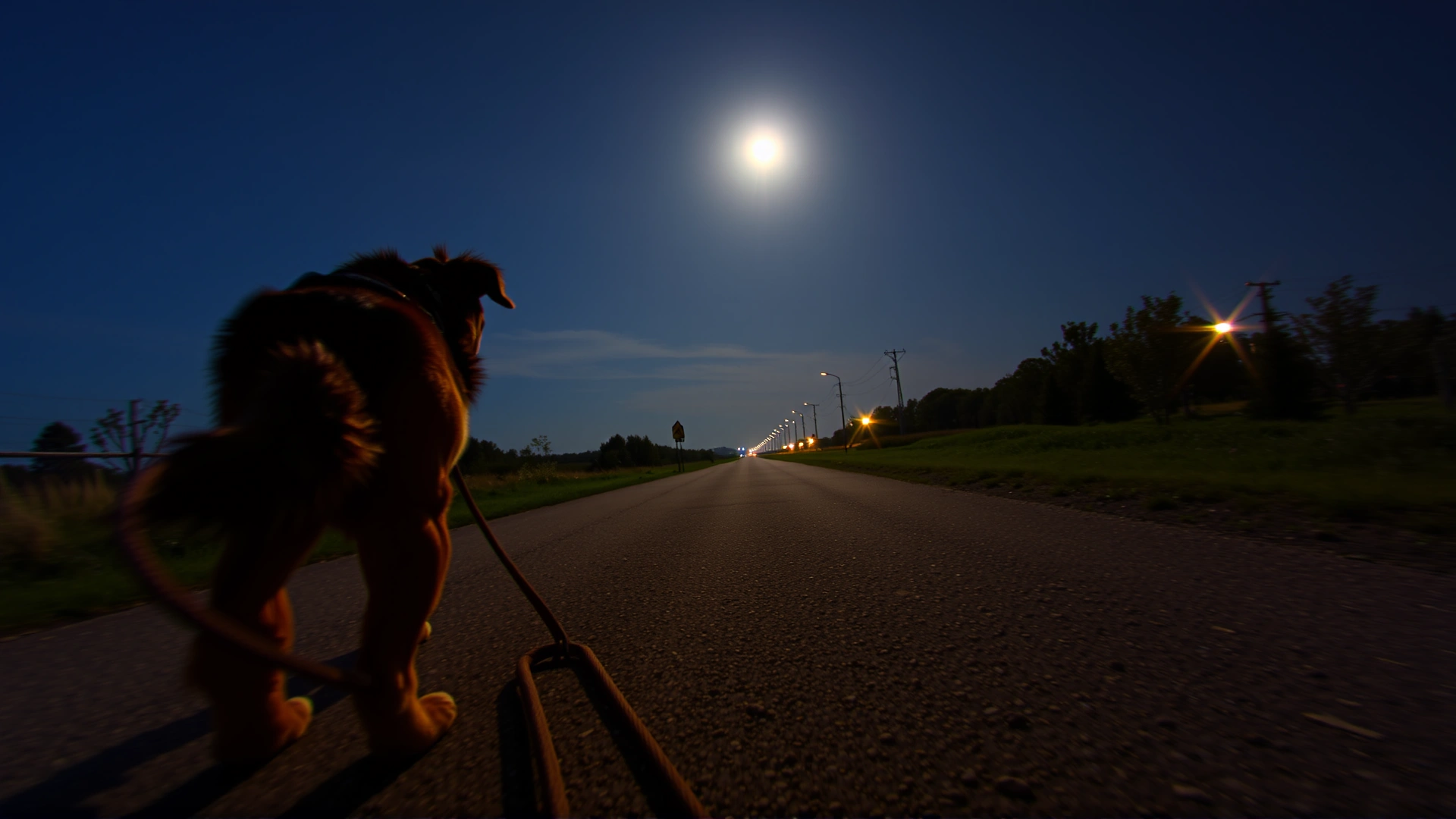 Wide-angle photo of a dog trotting along a moonlit path with soft streetlights in the distance, capturing the serenity of nighttime exploration.