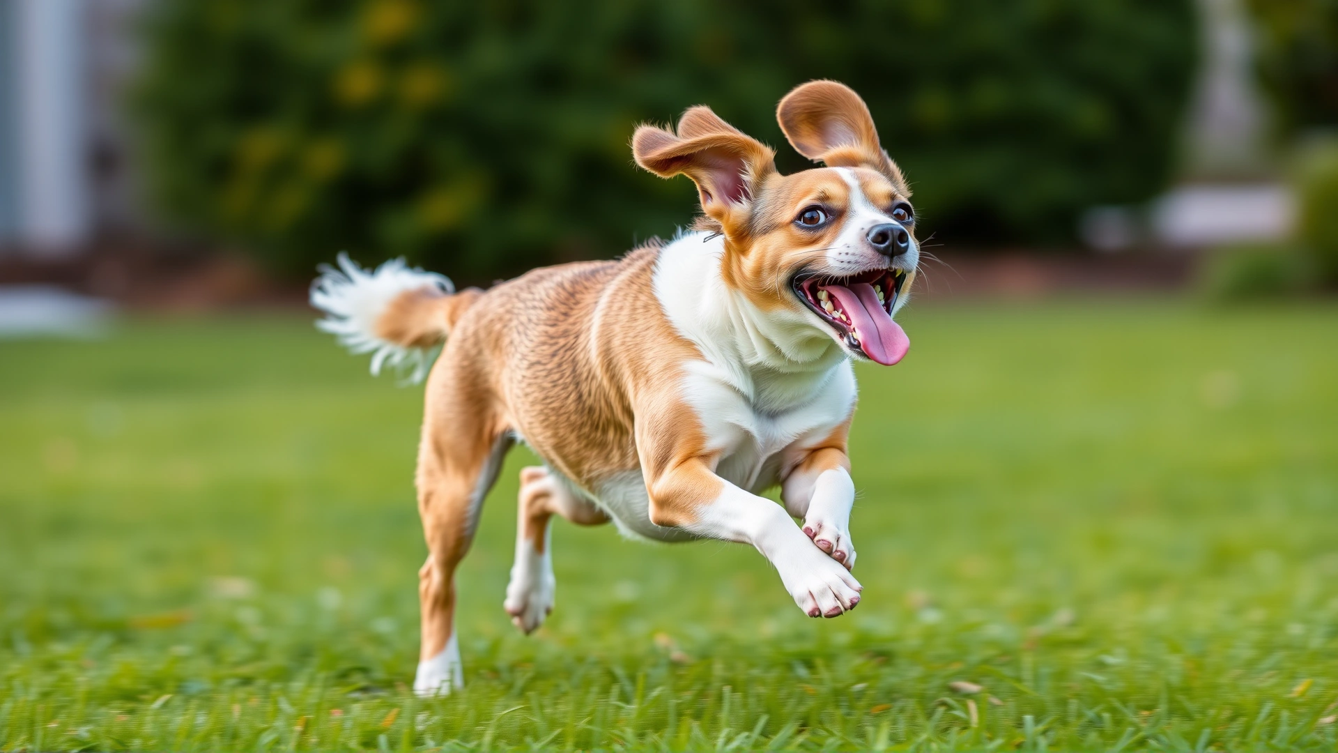 Close-up action shot of a three-legged dog running across a lawn with ears flapping, capturing motion blur and joyful expression.
