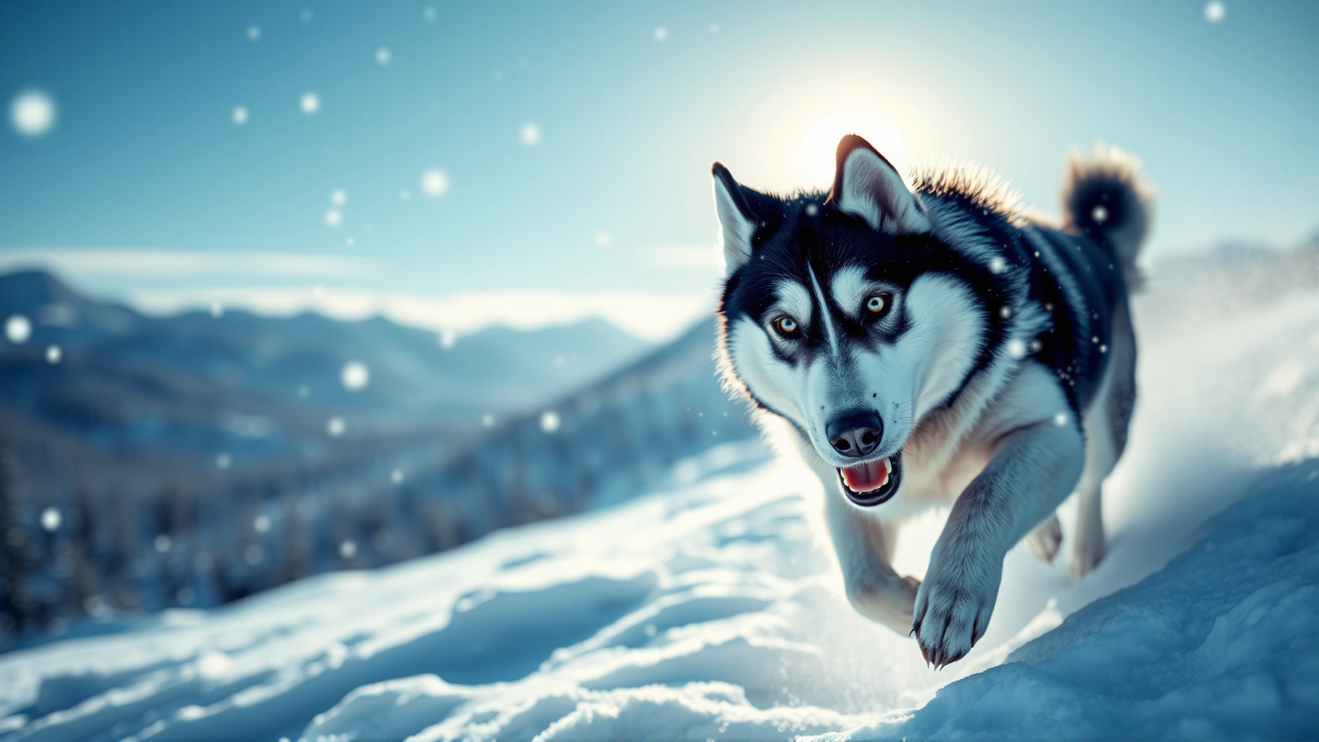 Panoramic shot of a Siberian Husky running through deep snow with snowflakes in the air and mountains blurred in the background. Bright winter sunlight.