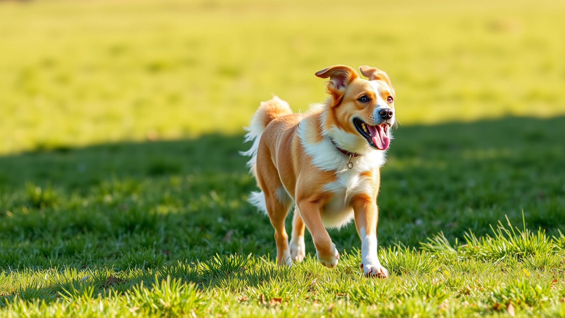 Cheerful adult dog running freely across a sunlit grassy field, ears flapping, showcasing healthy shoulder movement.