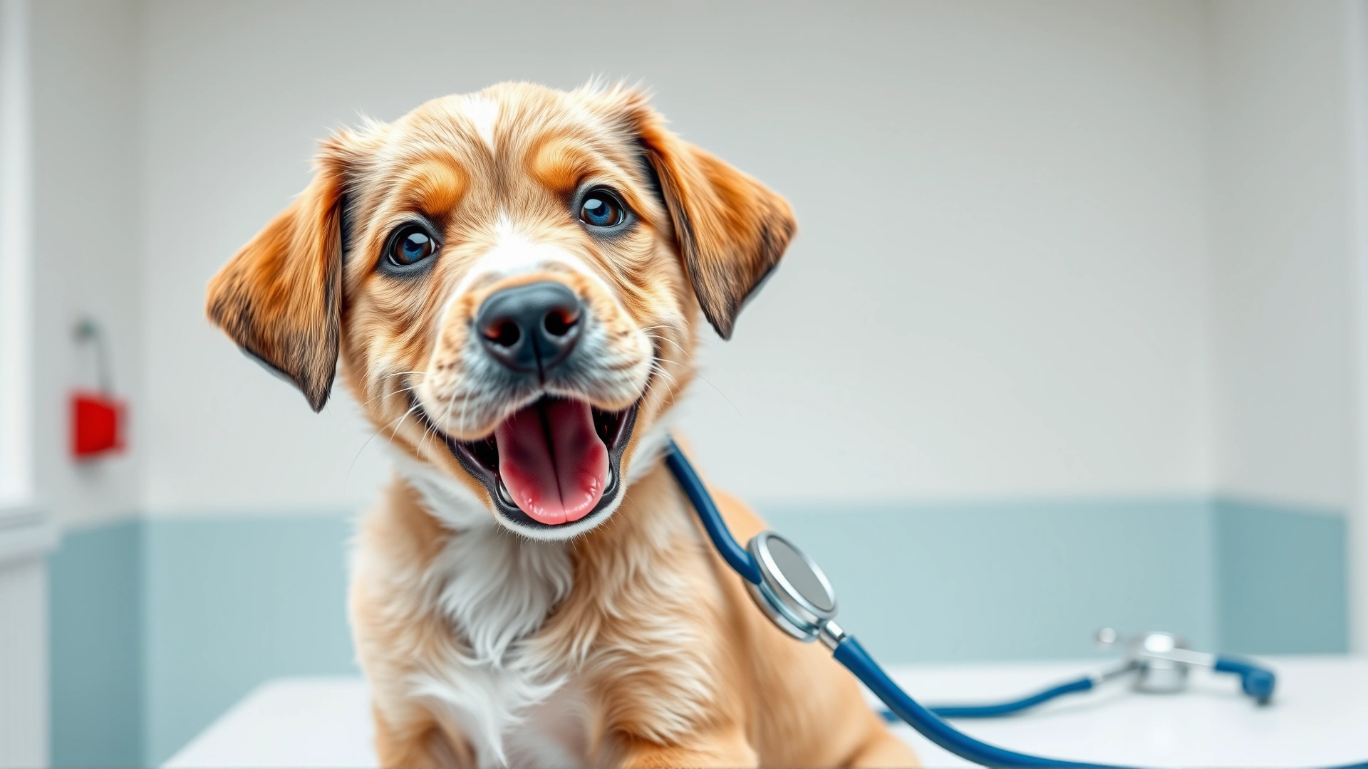 Head-on shot of a cheerful puppy sitting on a veterinary examination table with a stethoscope nearby, bright background, welcoming mood