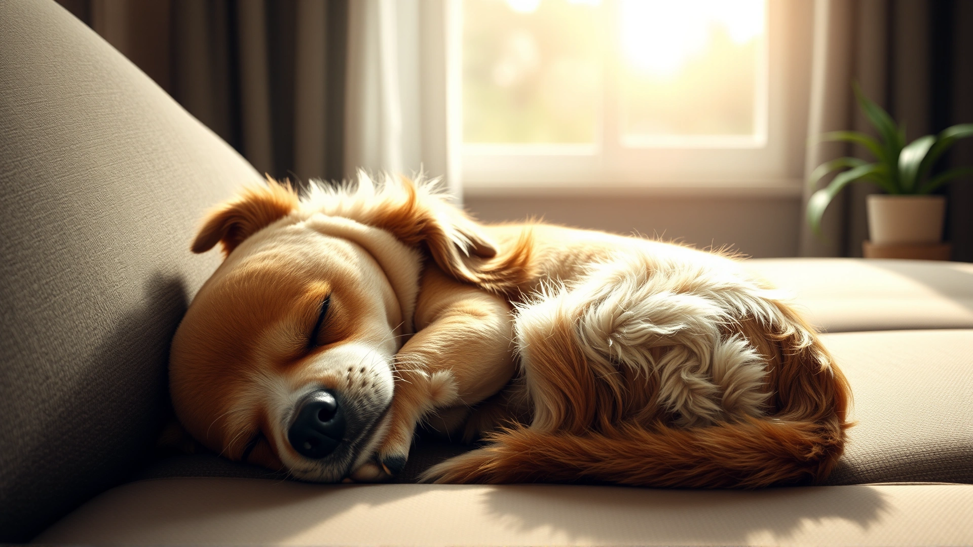 Wide shot of a happy dog curled up and sleeping on a couch with soft morning light coming through a window, conveying a peaceful dreaming atmosphere