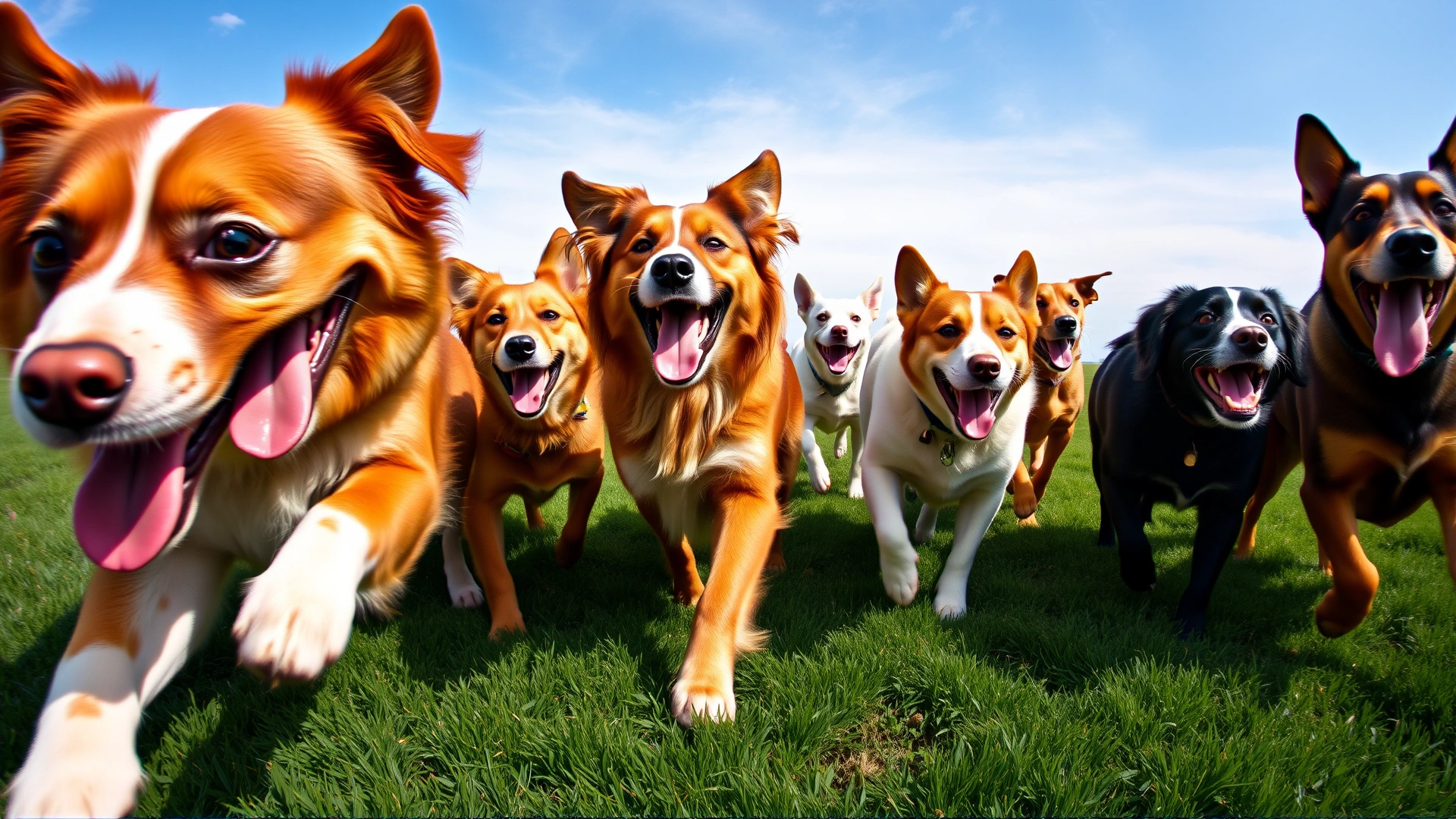 Wide-angle shot of several different dog breeds, both purebred and mixed, running together in a green field under blue sky. High energy, bright colors.
