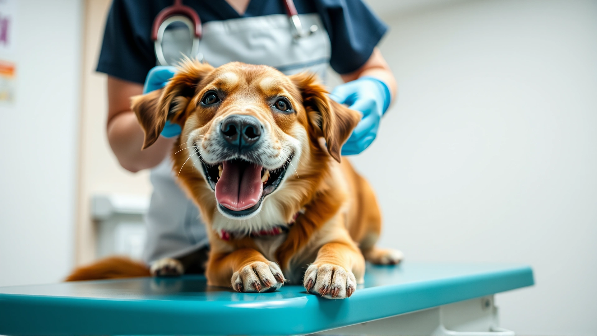 Happy dog sitting on a veterinary examination table while a veterinarian gently scans for a microchip, bright lighting and friendly environment.