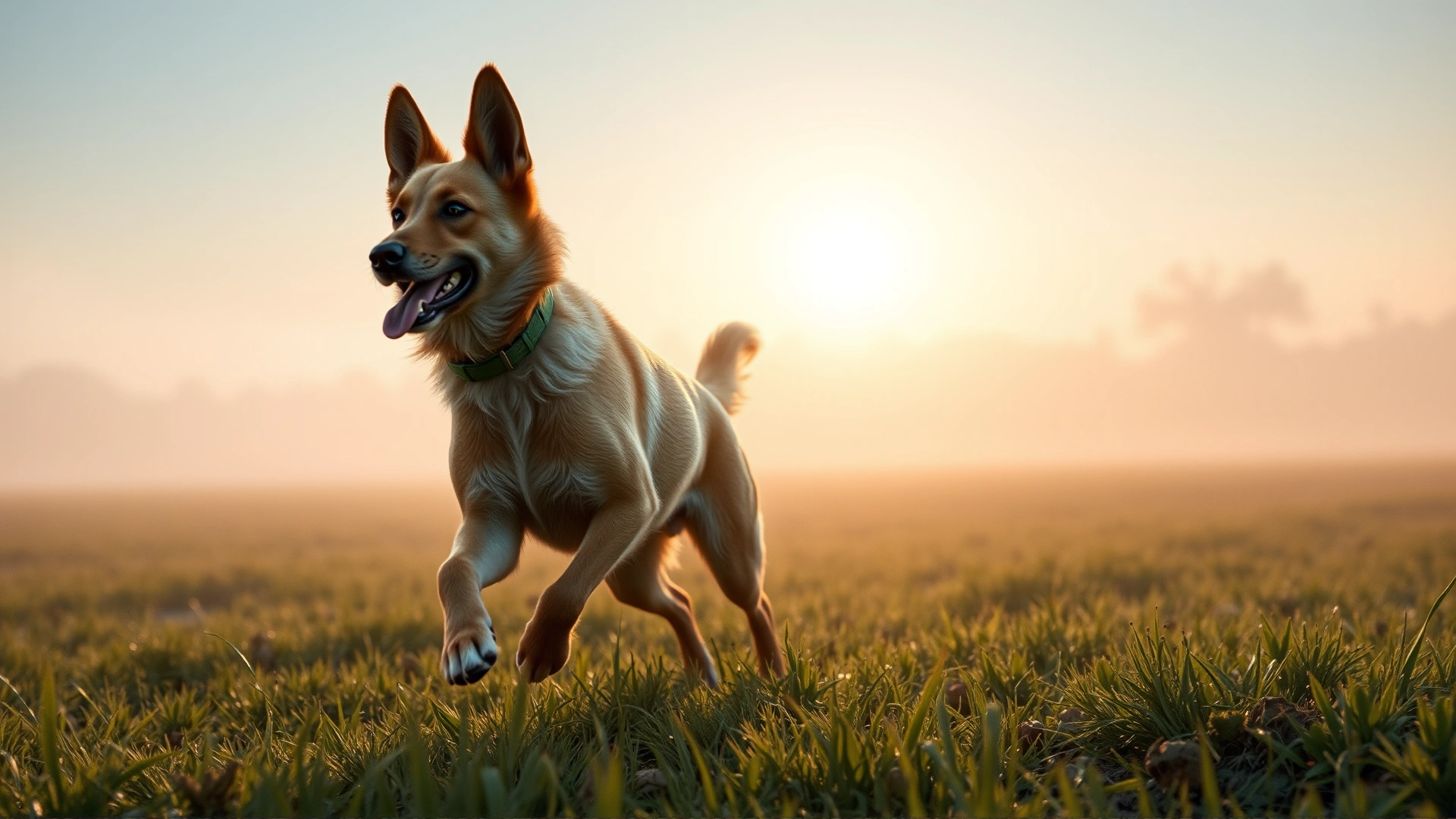 A wide cinematic shot of a Carolina Dog running across a grassy meadow at dawn with morning mist in the background