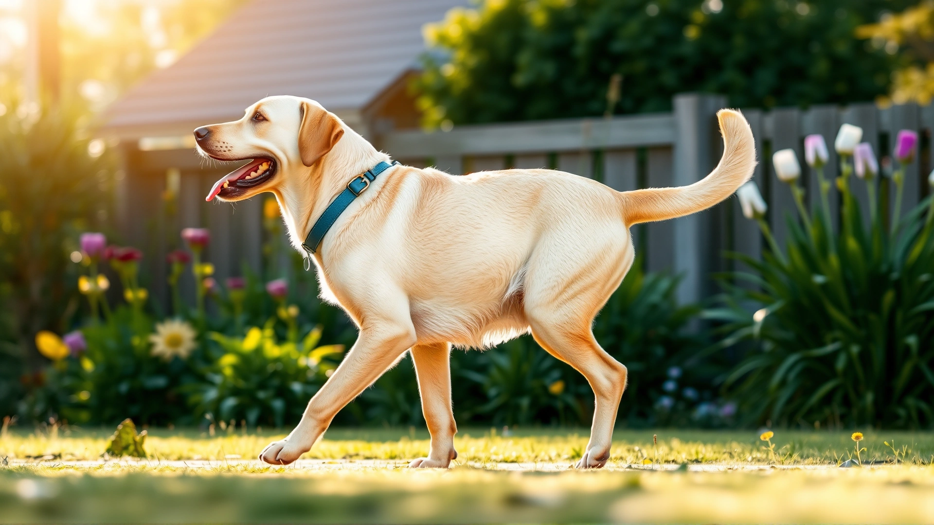 Side view of a happy pregnant Labrador walking in a sunny garden, soft depth of field