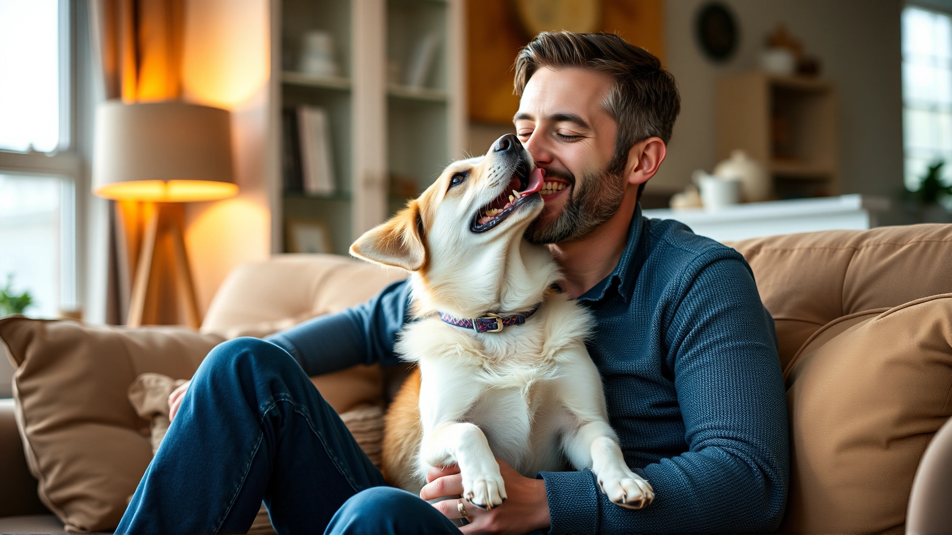 Happy dog licking owner's face while both sit on a cozy sofa in a warmly lit living room, candid moment showing affection.