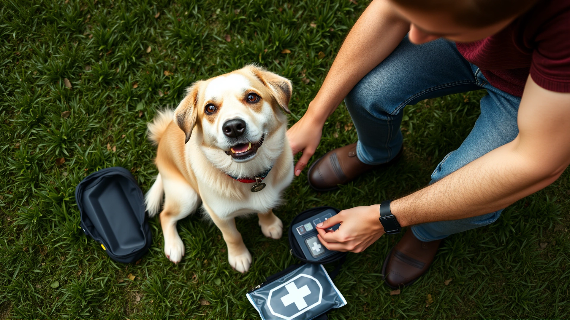 An overhead perspective of a caring owner crouching next to a dog in a green backyard, preparing a first-aid kit on the grass, emphasizing companionship and readiness