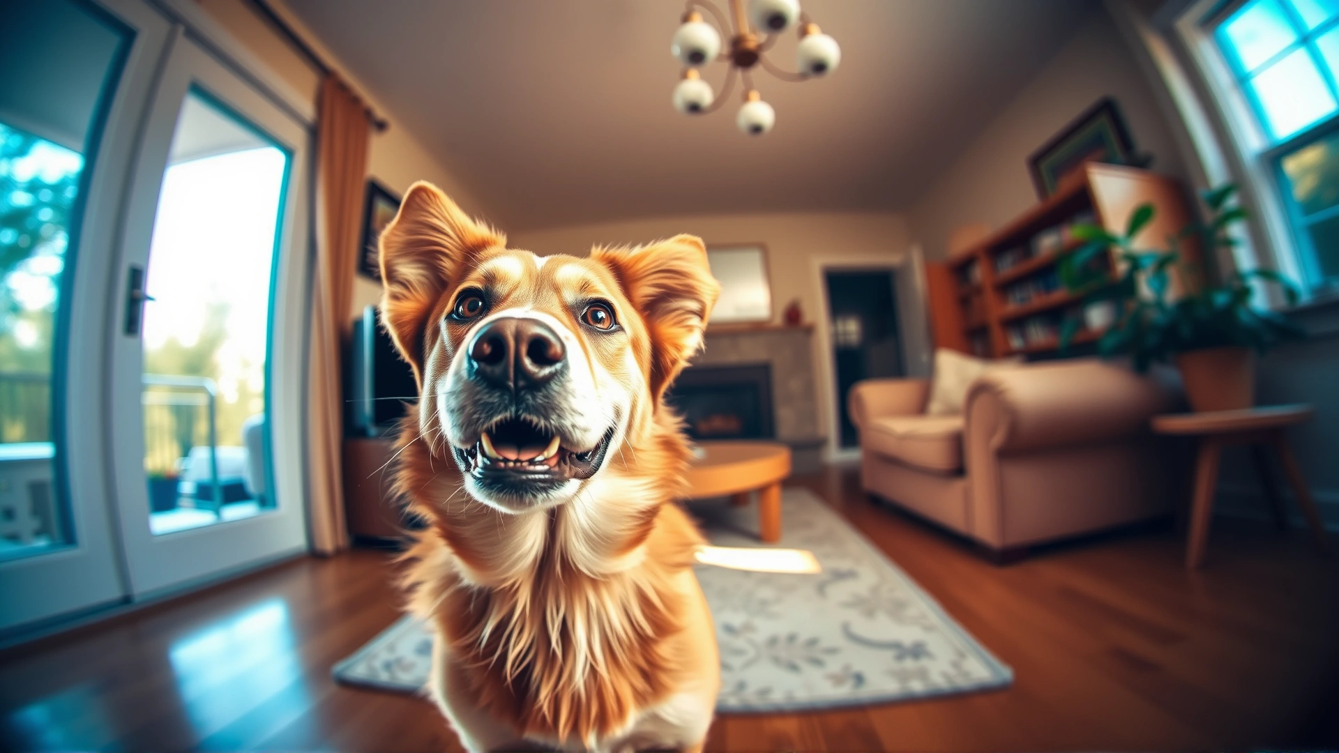 Wide-angle shot of a friendly dog sitting in a cozy living room, looking up at the camera with raised eyebrows; sunlight streaming through a window, warm tones, no text.