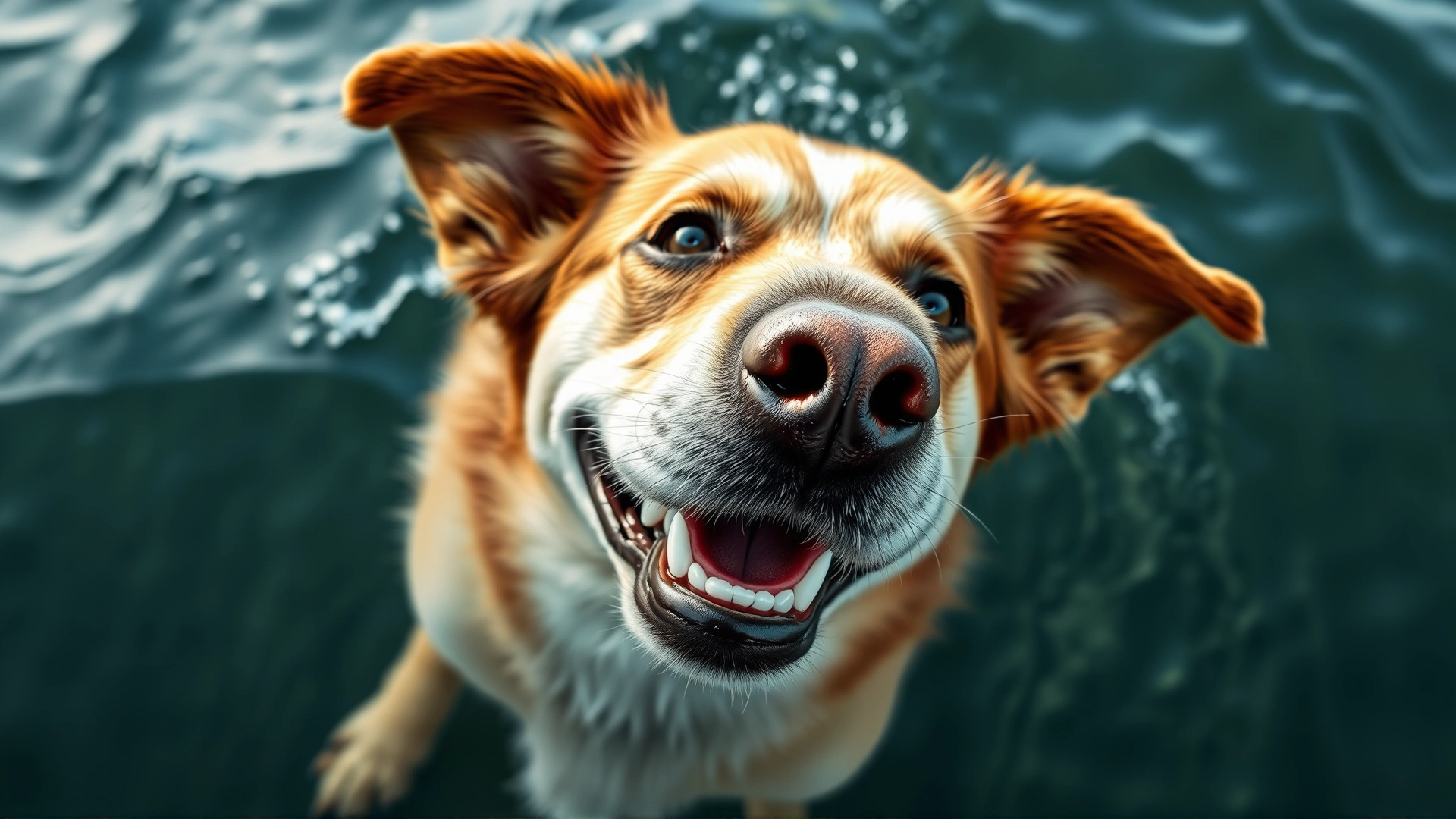 Wide-angle shot of a smiling dog looking up at the camera with a subtle overlay of waves or water in the background to evoke the marine source of fish oil, no text on image