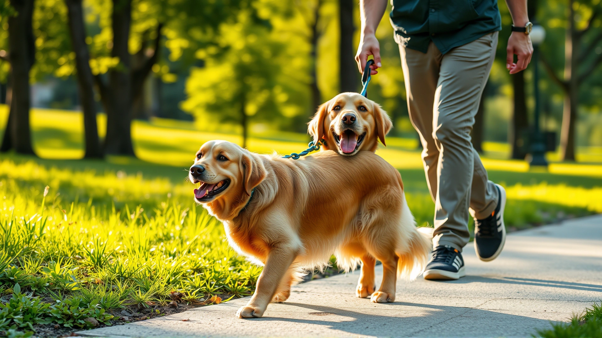 A cheerful golden retriever walking with its owner on a clean park path, vibrant greenery, early morning sunlight, symbolizing cleanliness and responsible pet ownership