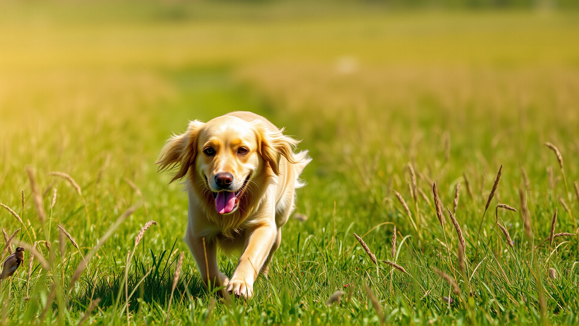 Golden Retriever running through a sunlit grassy field with faint mosquitoes in the background, dynamic angle, vibrant colors.