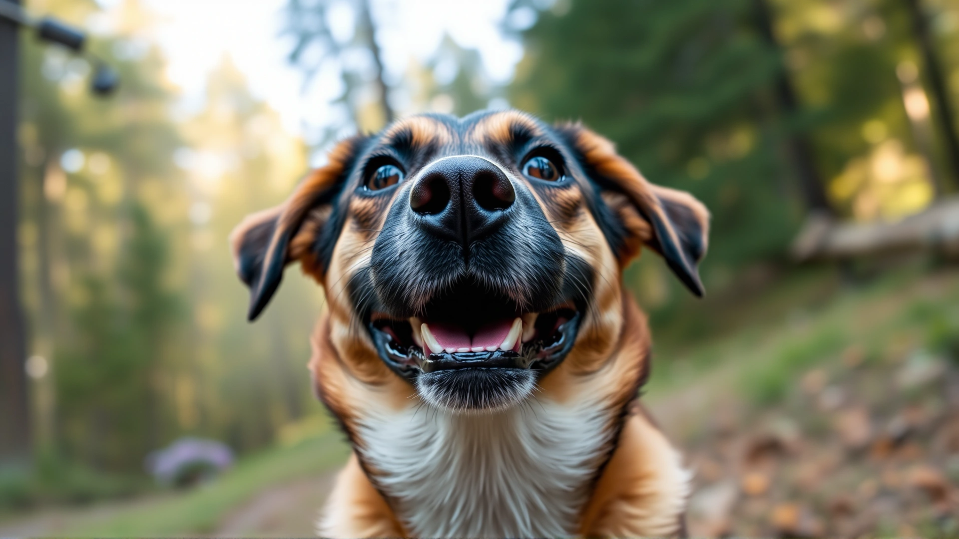 Medium shot of a happy dog looking up with forest reflected in its eyes, outdoor setting, shallow depth of field, no text