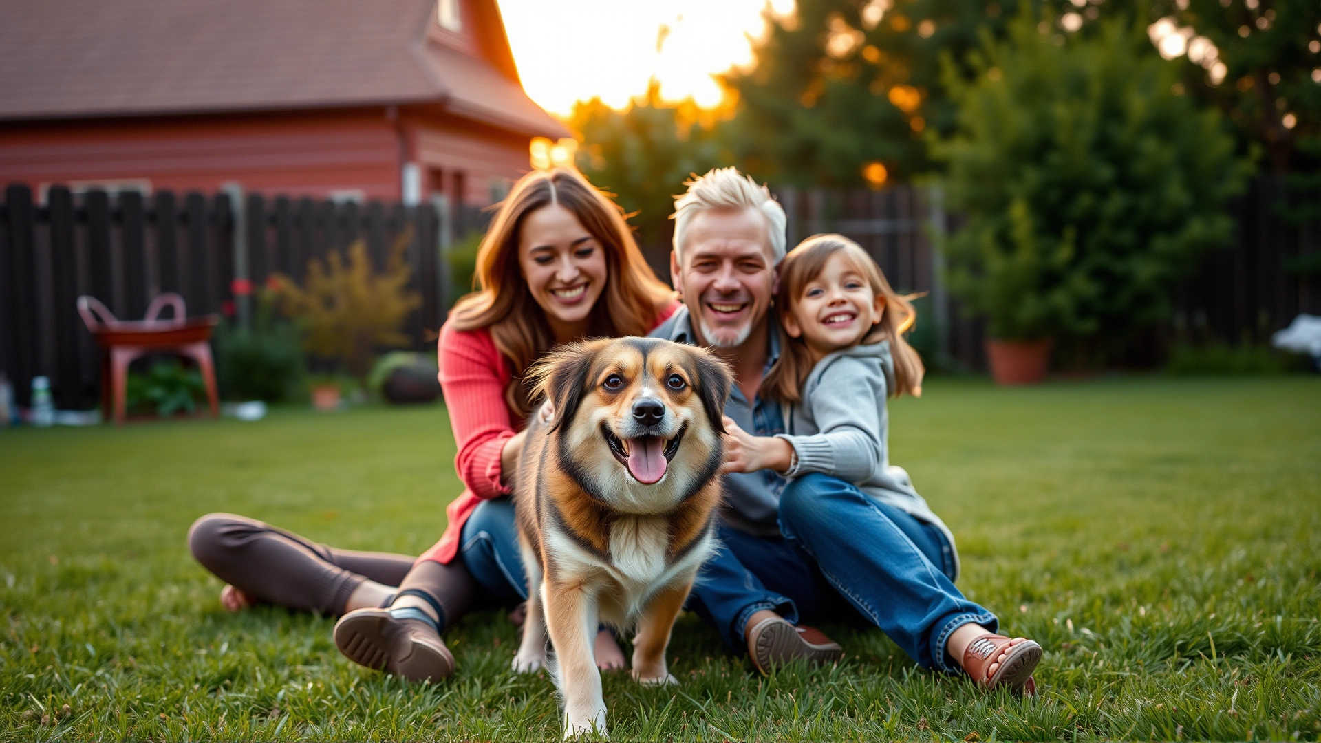 A cheerful family playing with their medium-sized dog in a backyard at sunset.