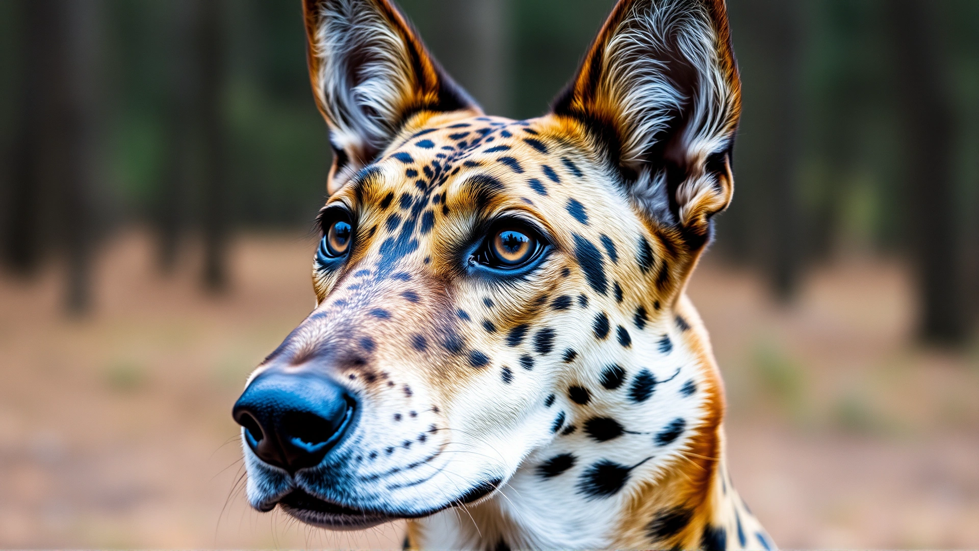 Close-up portrait of a Catahoula Leopard Dog with heterochromia eyes against a softly blurred forest background; high-resolution, vibrant colors.