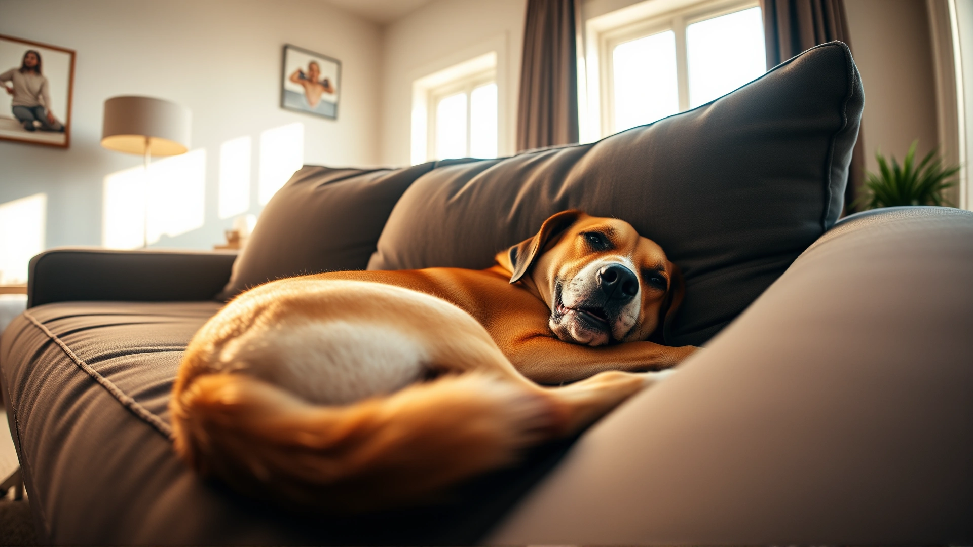 Wide-angle shot of a happy dog curled up and sleeping on a couch in a modern living room; bright morning light streaming through a window, warm tones