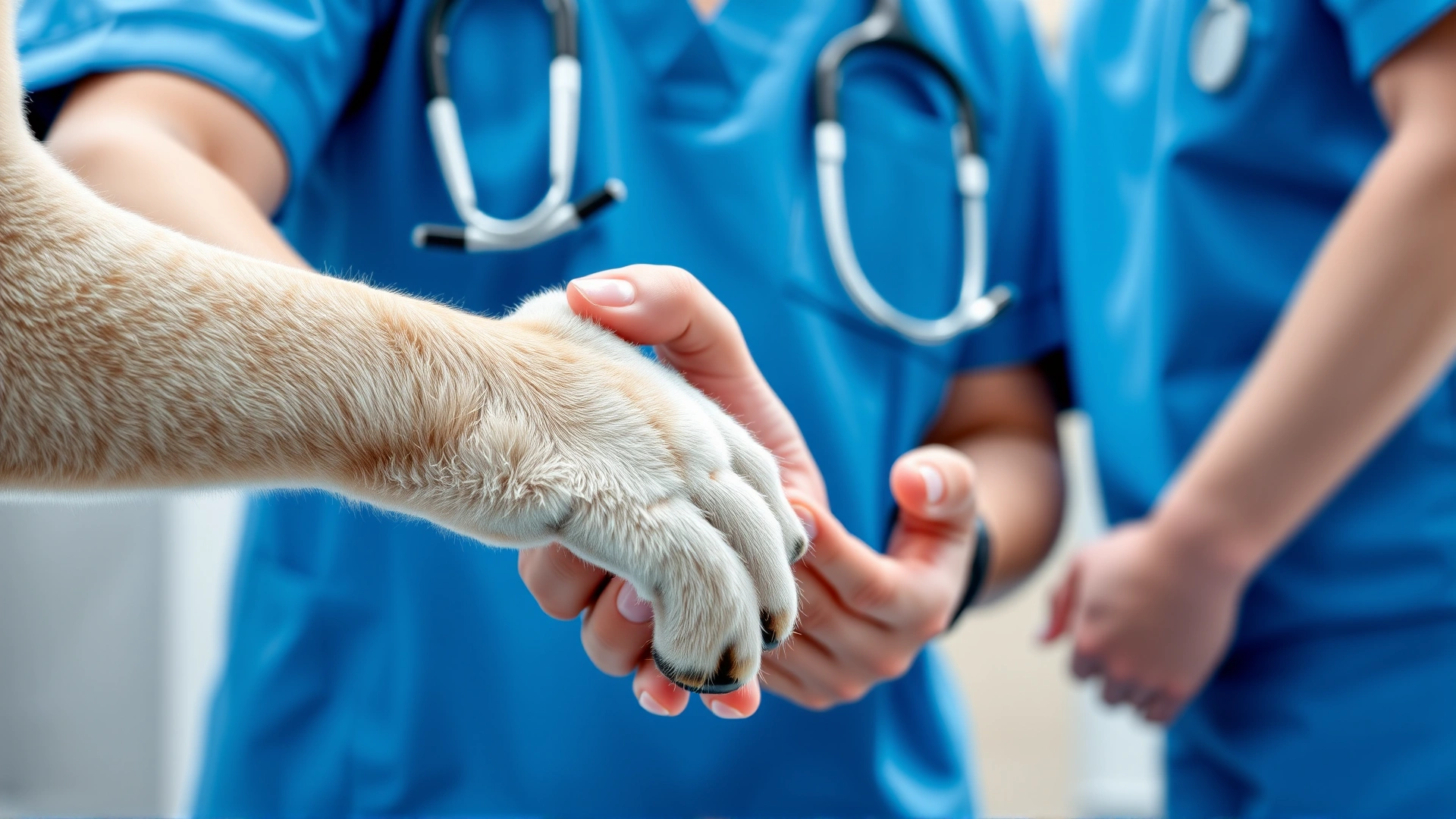 Close-up of a dog’s paw shaking hands with a veterinarian wearing blue scrubs, symbolizing trust and care, with a softly blurred clinic background.