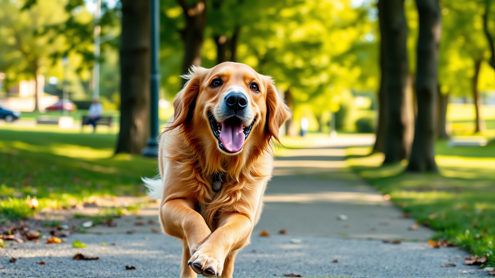 Wide-angle shot of a cheerful golden retriever running in a sunny park, conveying energy and well-being.