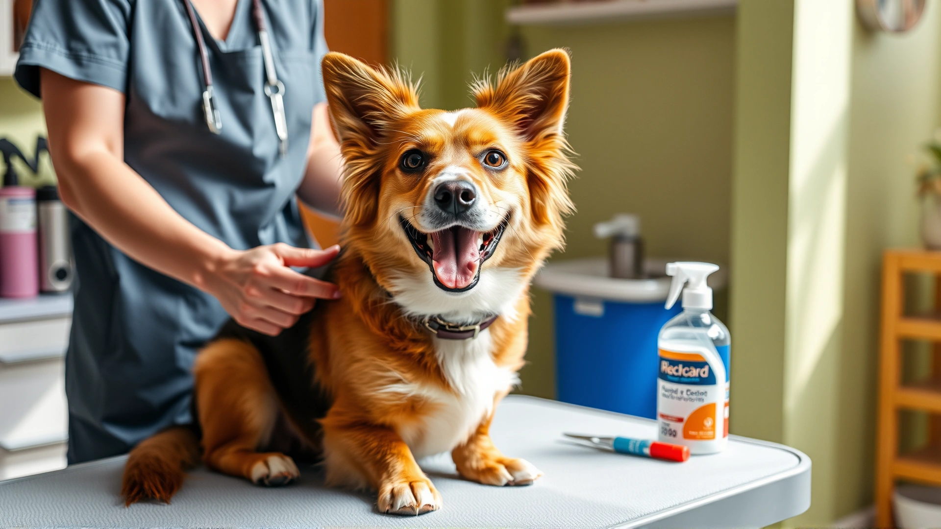 Happy dog sitting on a grooming table while owner prepares ear cleaning supplies; bright and inviting atmosphere, no text.